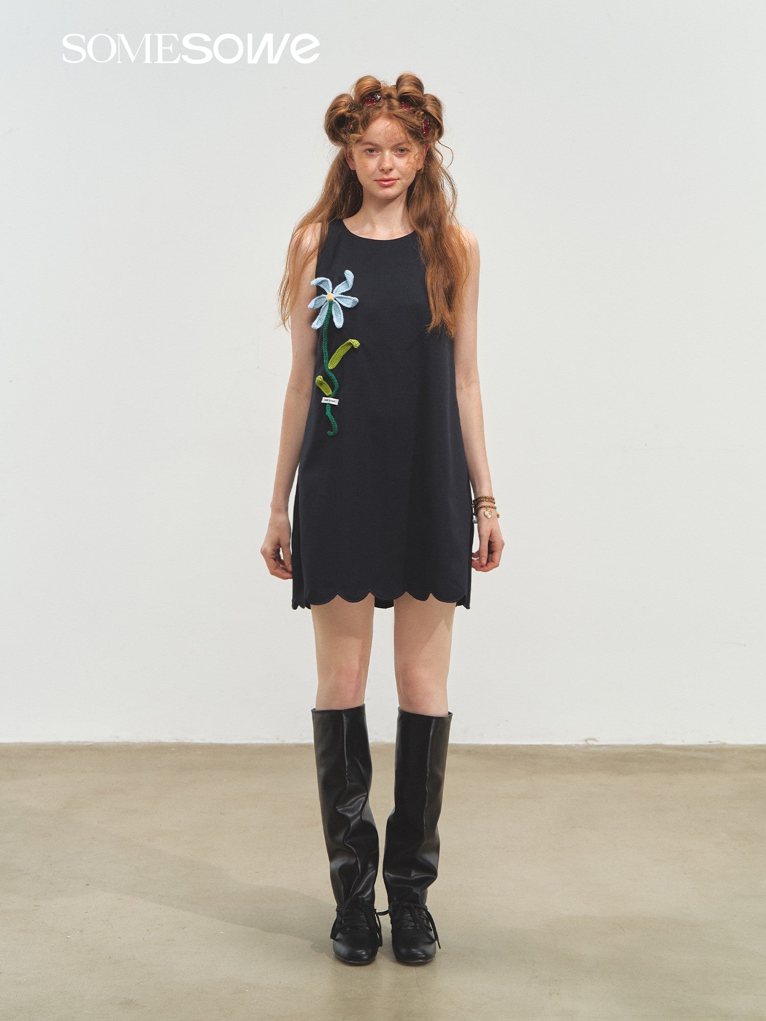 SOMESOWE 3D Crochet Flower Dress In Navy Blue | MADAX