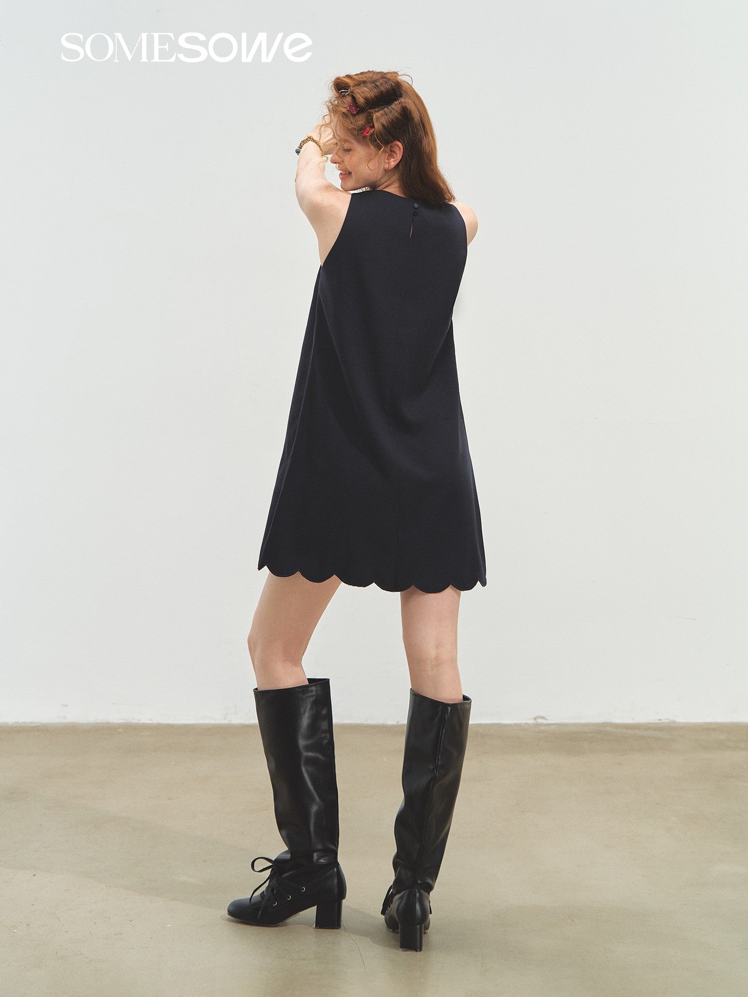 SOMESOWE 3D Crochet Flower Dress In Navy Blue | MADAX