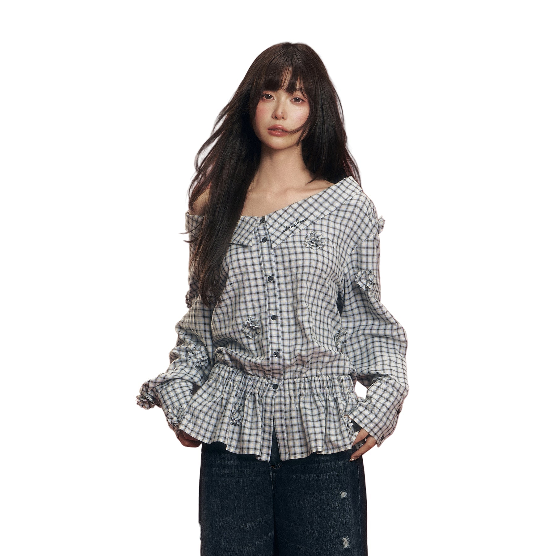 CHAOSCHAOS 3D Flower Plaid Two - way Waist Shirt In Plaid | MADAX