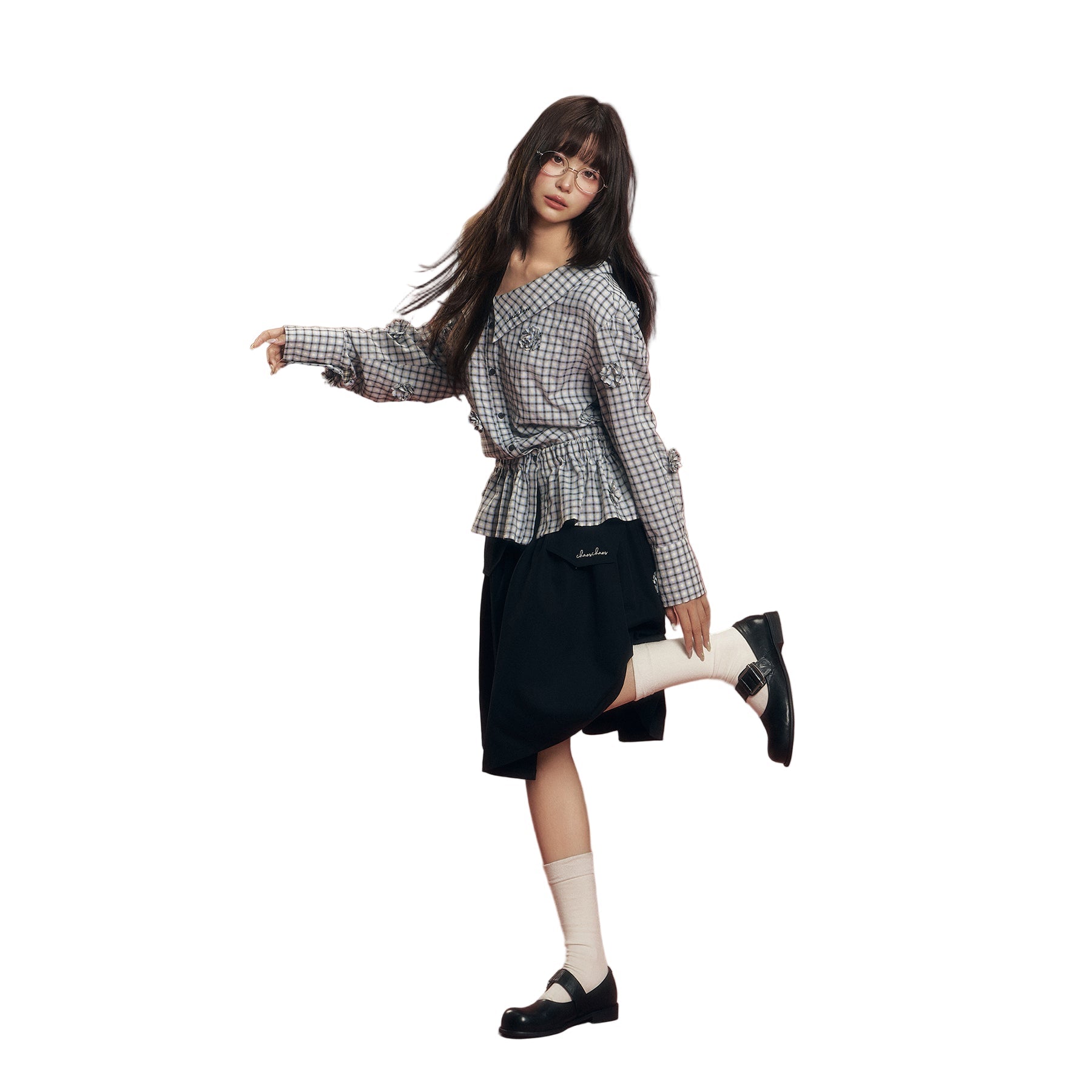 CHAOSCHAOS 3D Flower Plaid Two - way Waist Shirt In Plaid | MADAX