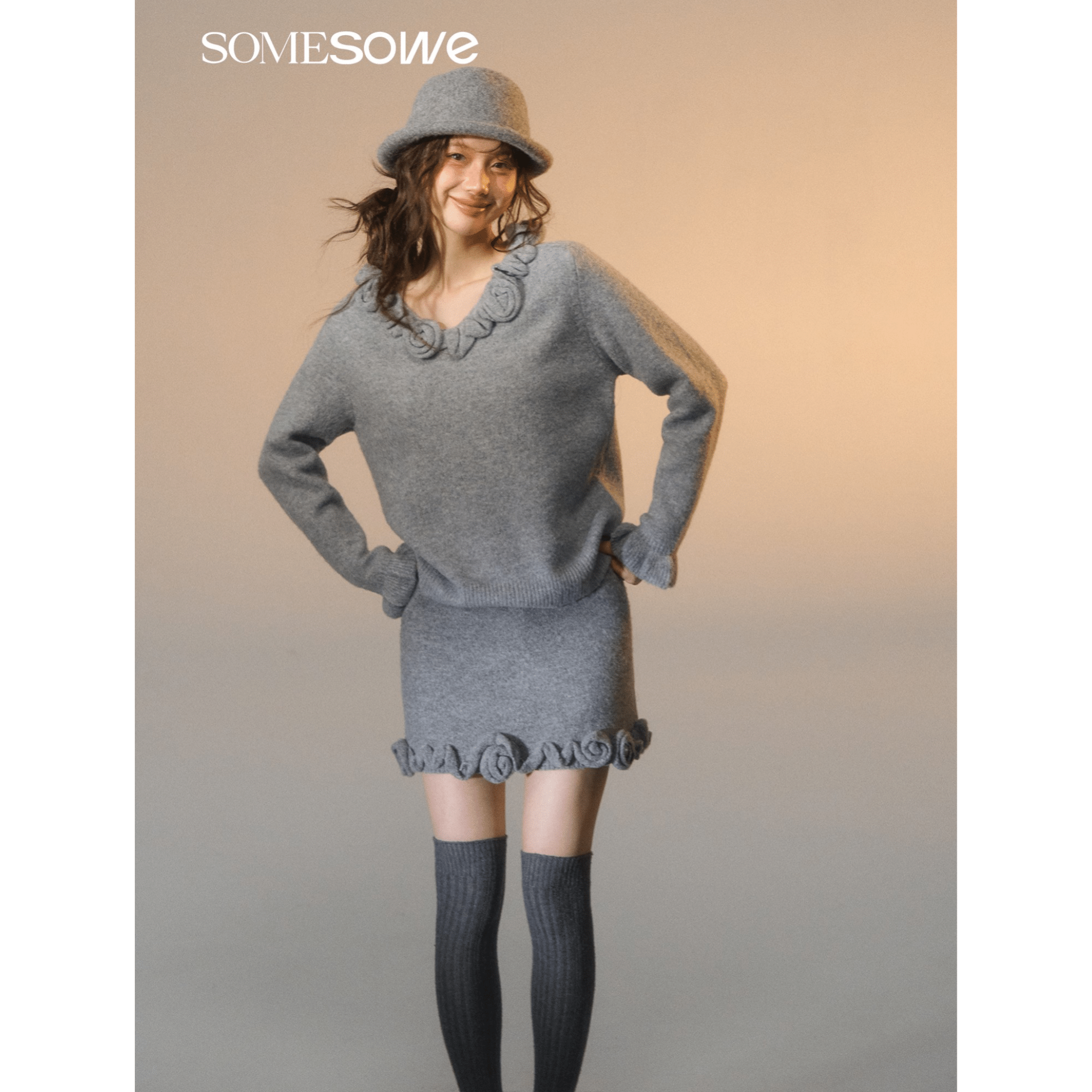 SOMESOWE 3D Rose A - line Knit Midi Skirt in Gray | MADAX