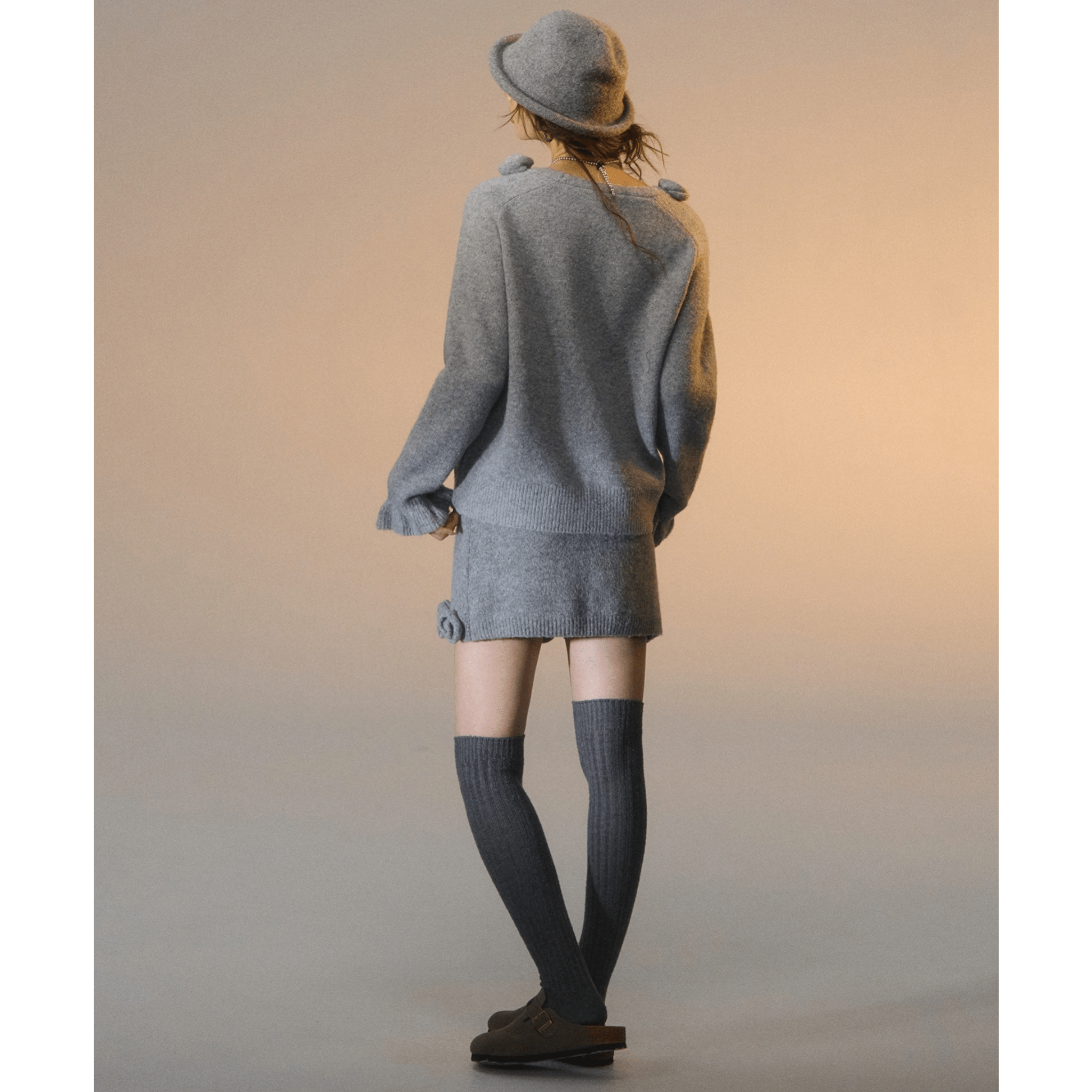 SOMESOWE 3D Rose A - line Knit Midi Skirt in Gray | MADAX