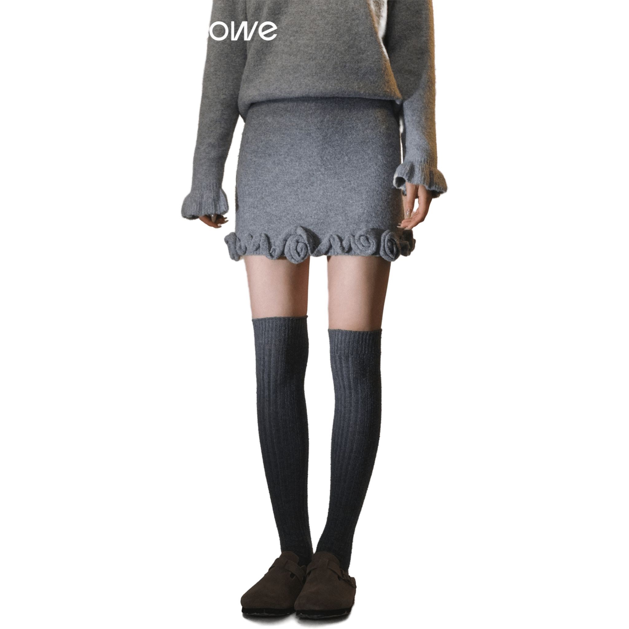 SOMESOWE 3D Rose A - line Knit Midi Skirt in Gray | MADAX