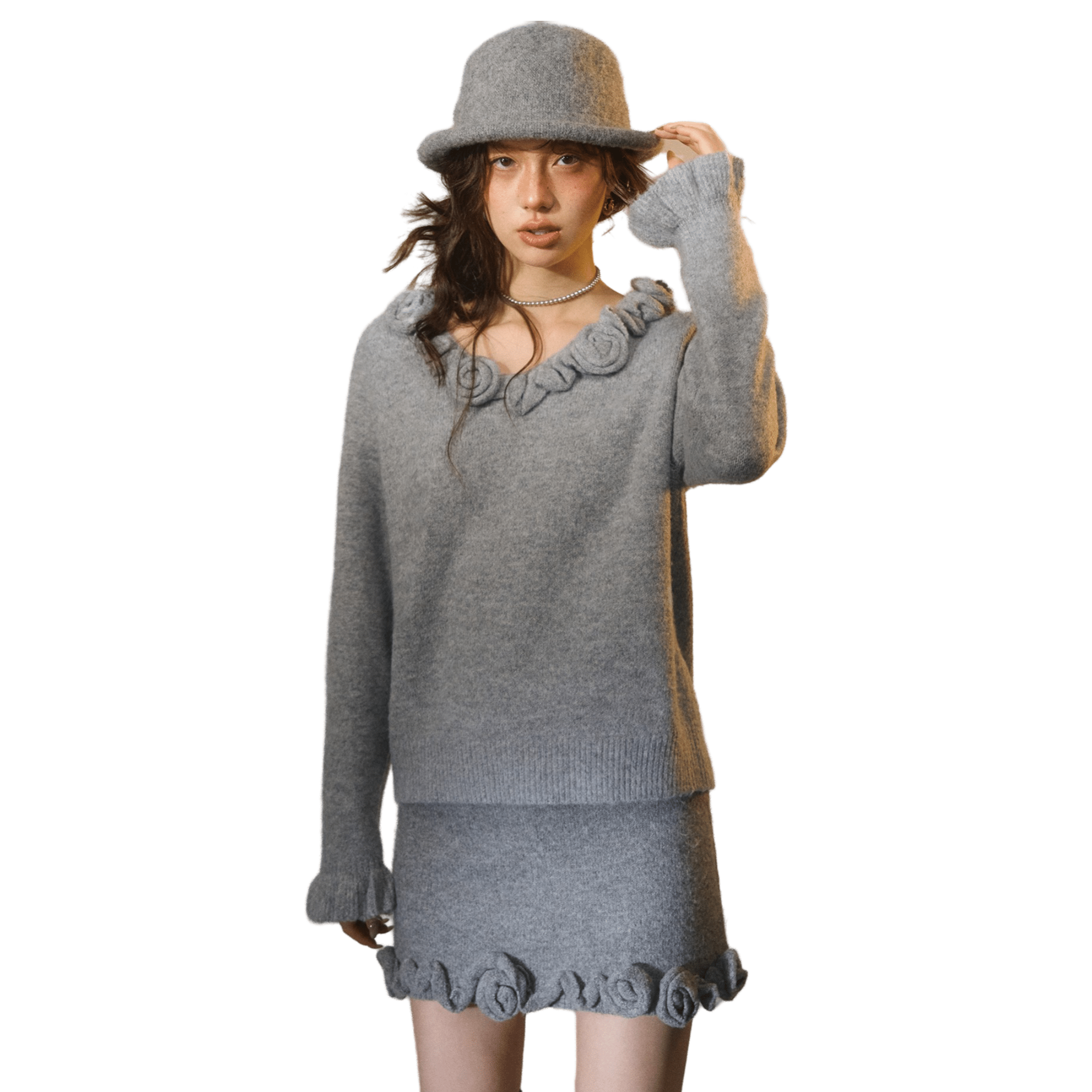 SOMESOWE 3D Rose V - neck Long - sleeved Sweater in Gray | MADAX