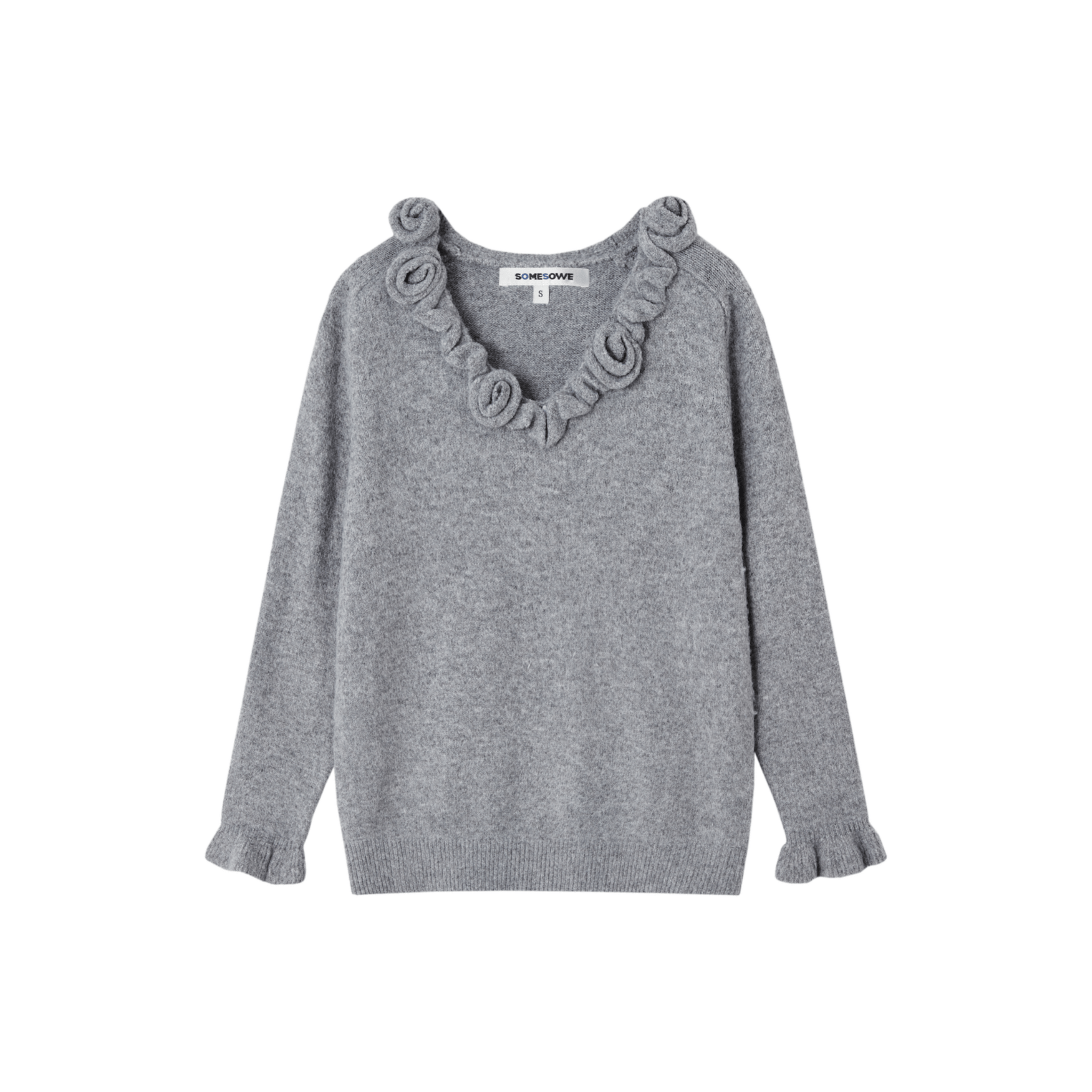 SOMESOWE 3D Rose V - neck Long - sleeved Sweater in Gray | MADAX