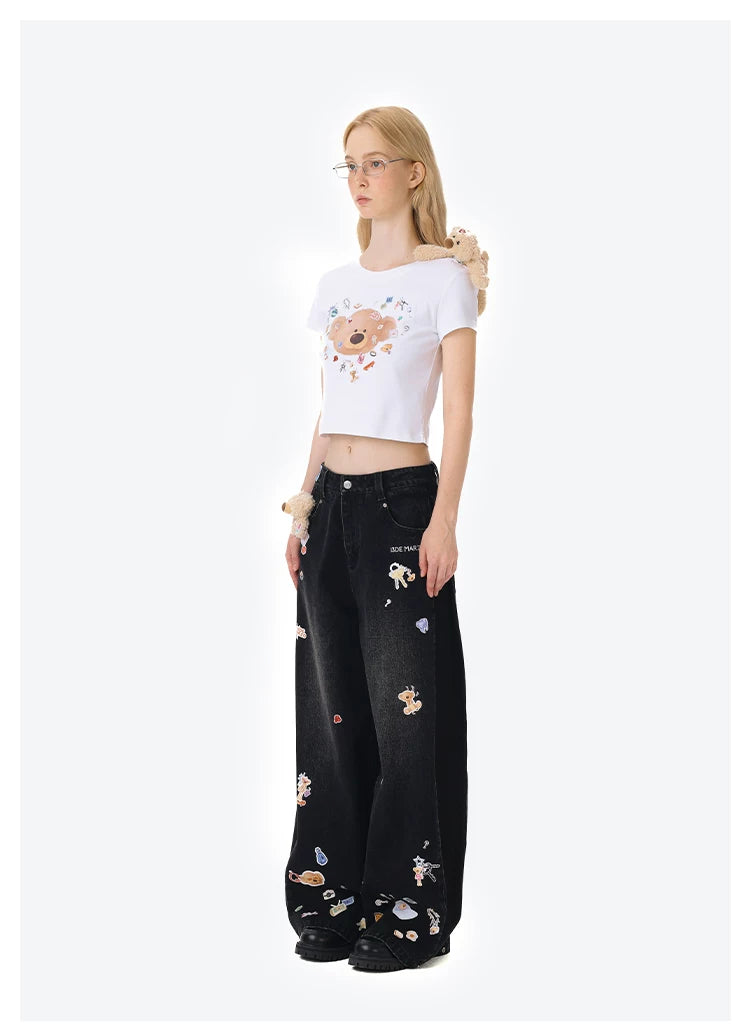 Black Denim Sticker Bear Jeans