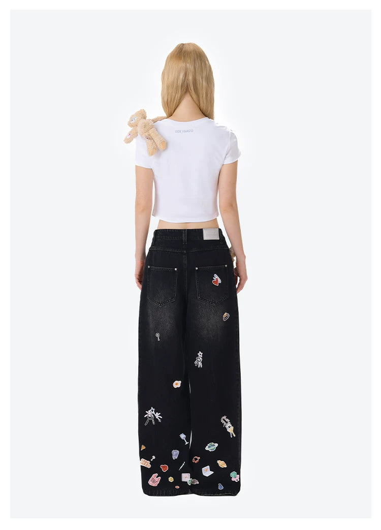 Black Denim Sticker Bear Jeans