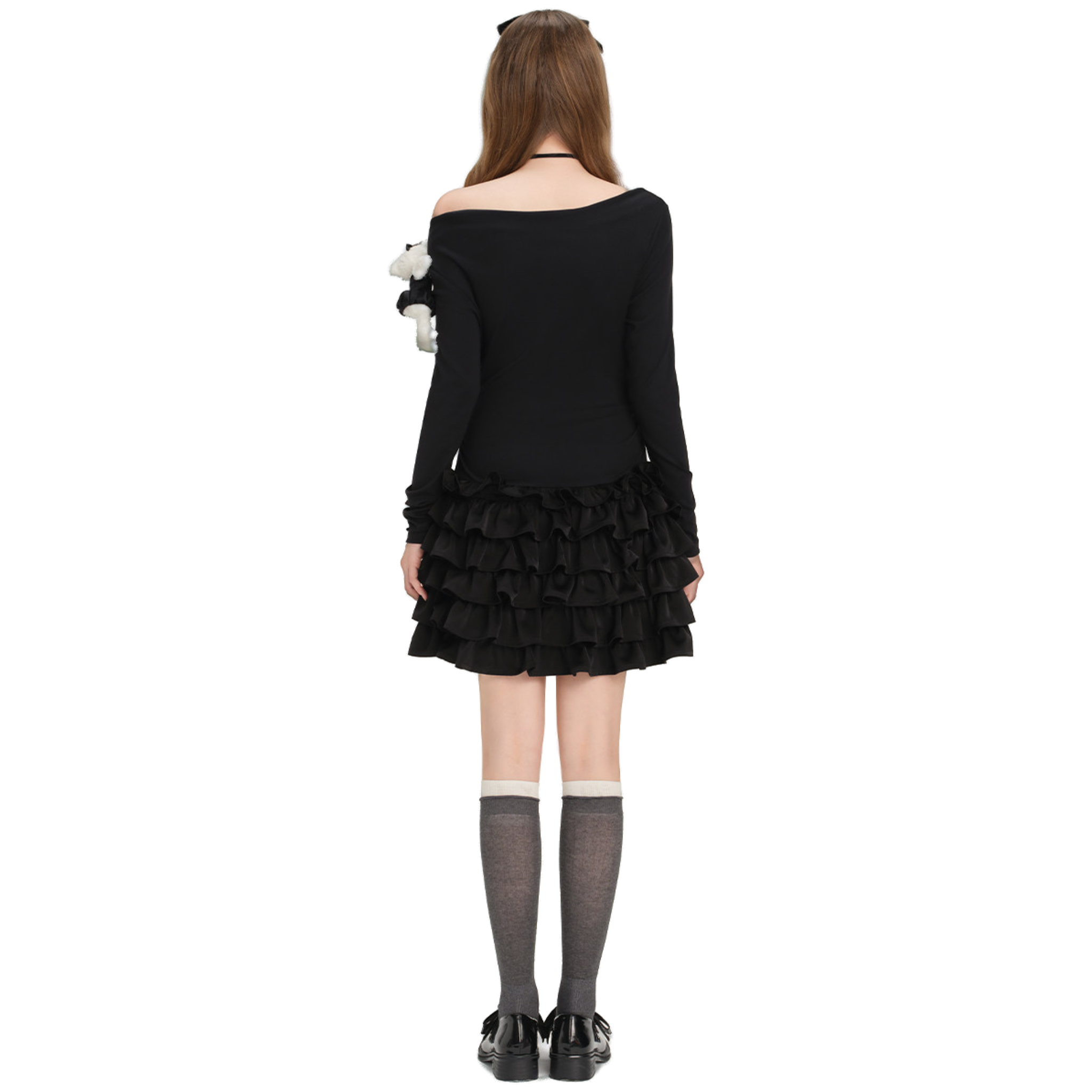 一字肩蛋糕连衣裙 黑色