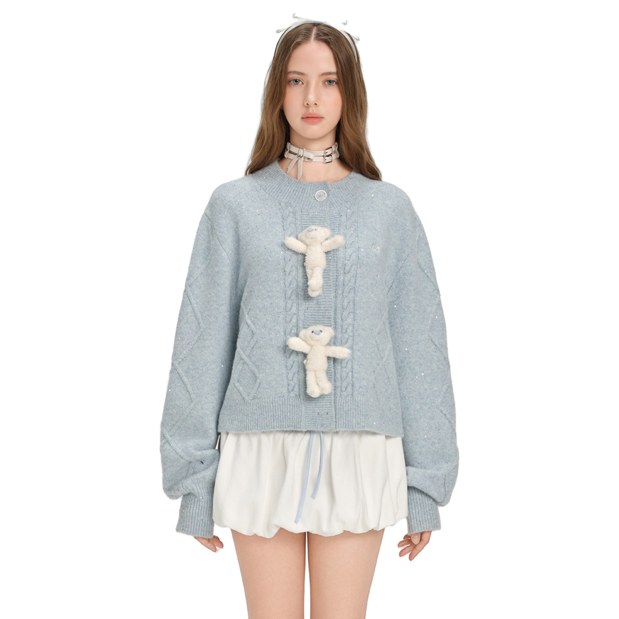 파란색 스팽글 크롭 니트 탑