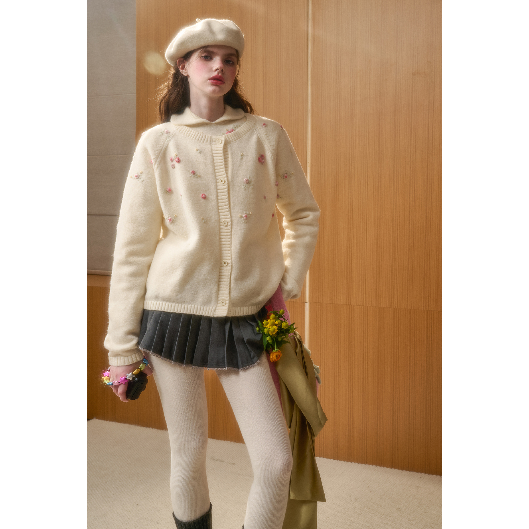 "Warm Heart" Embroidered Cardigan in White