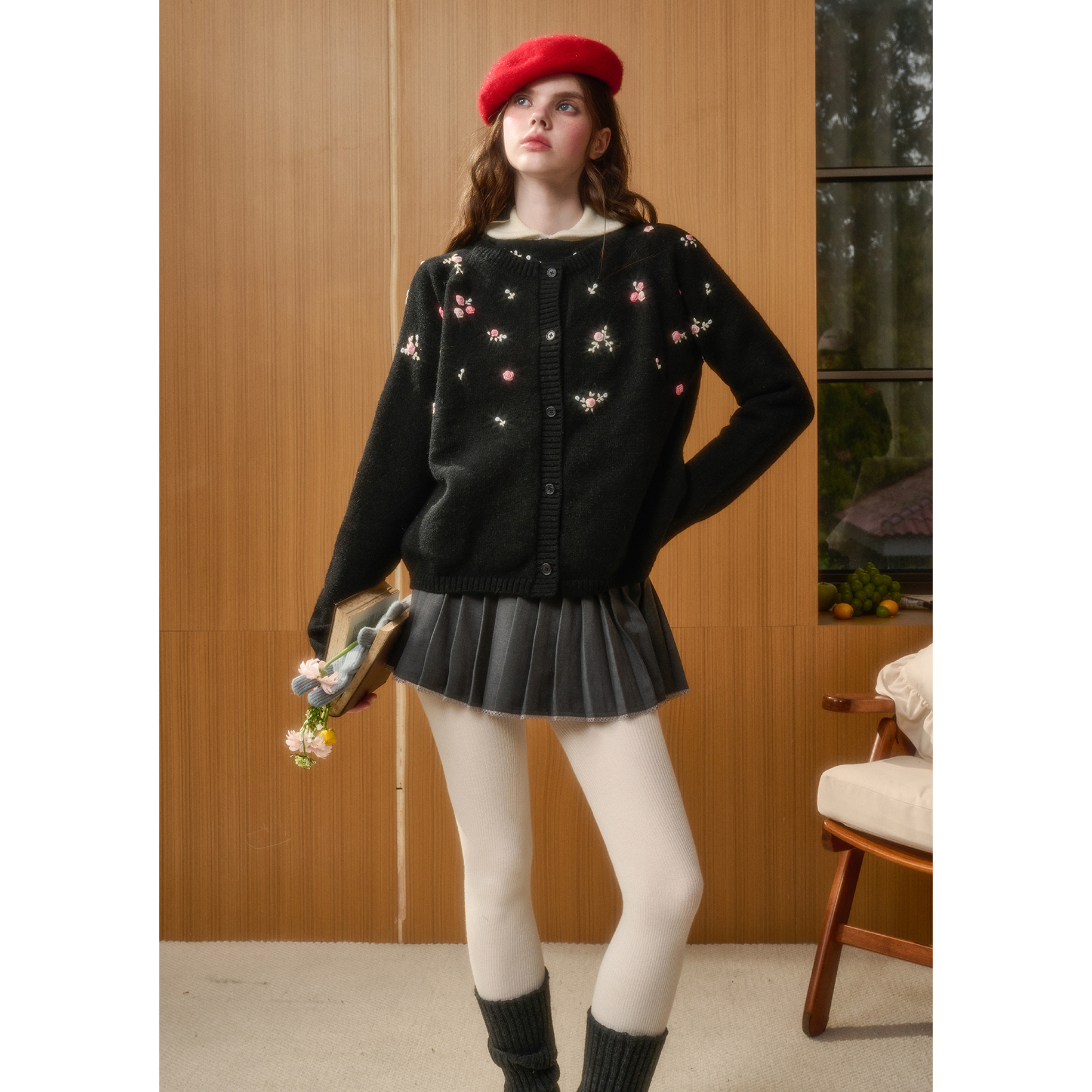 "Warm Heart" Embroidered Cardigan in Black