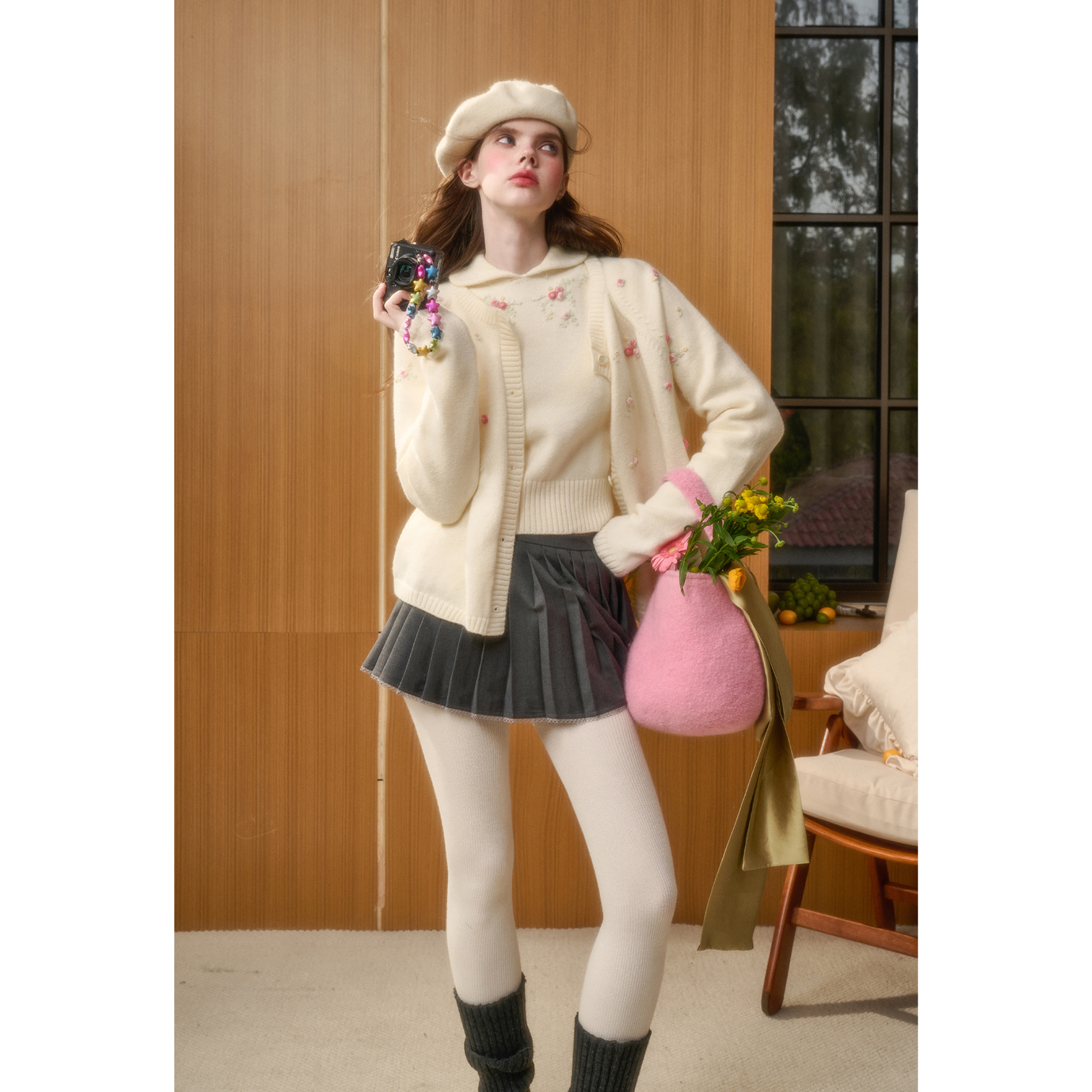 "Warm Heart" Embroidered Cardigan in White