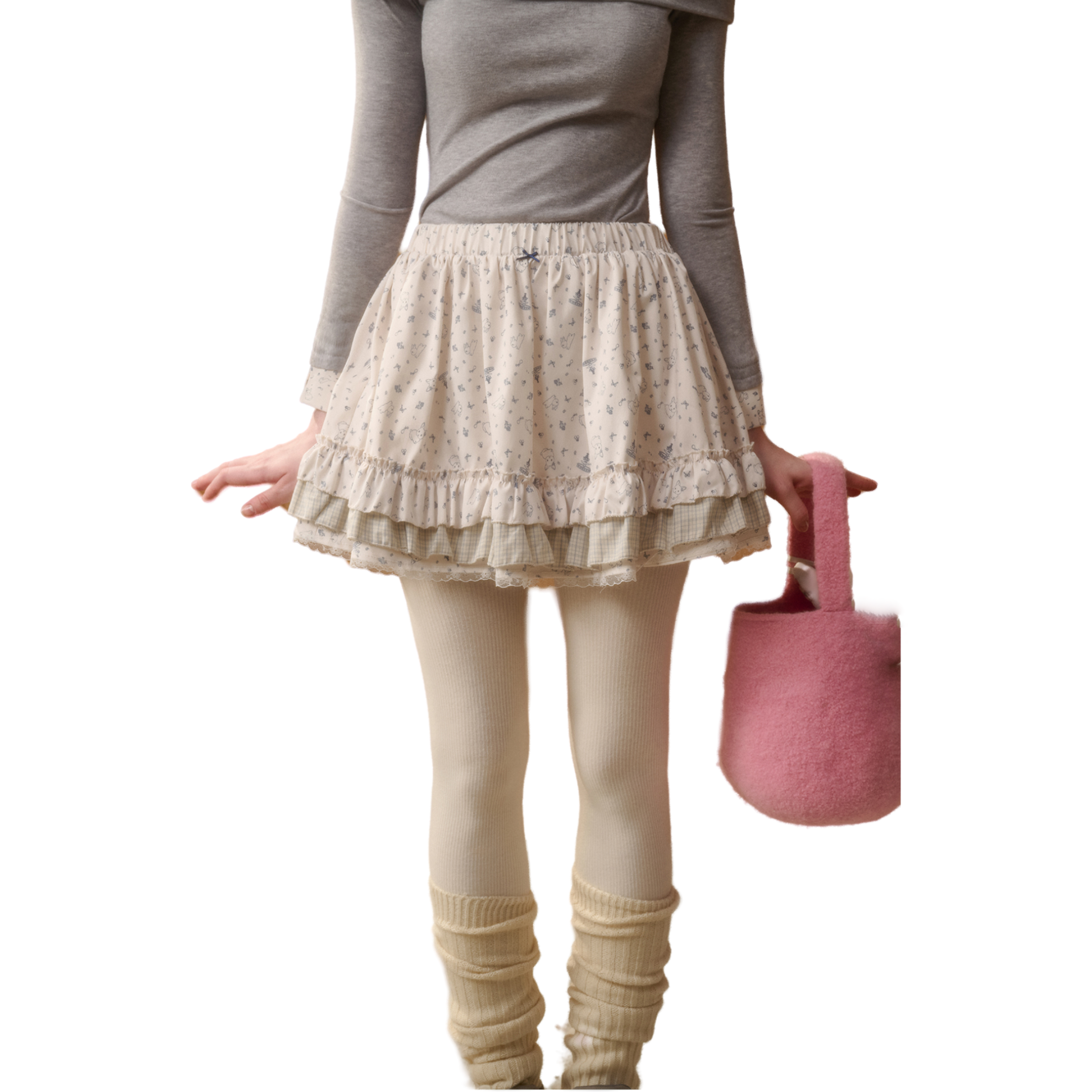 “꼬마 토끼 분수” 프린트 미디 스커트 그레이