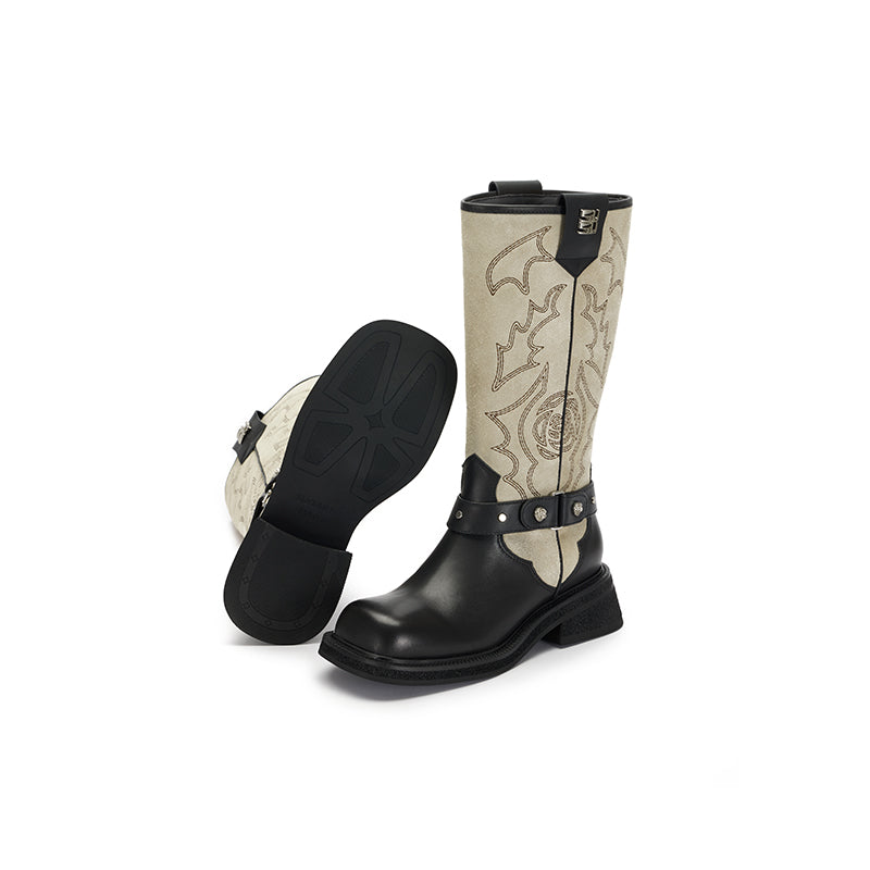 Western Embroidered Knight Ankle Boots Black