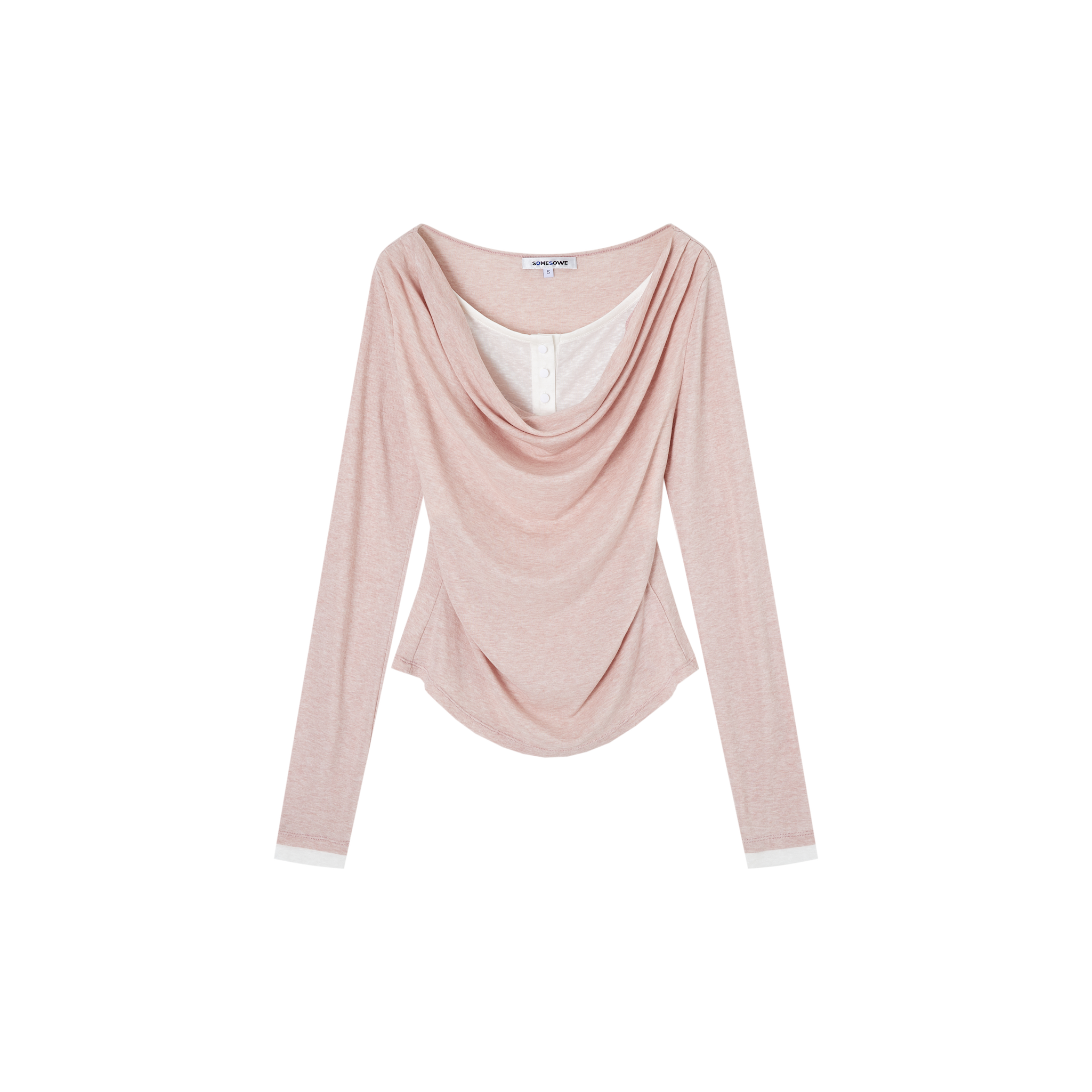 假两件荡领收腰长袖T恤  粉色