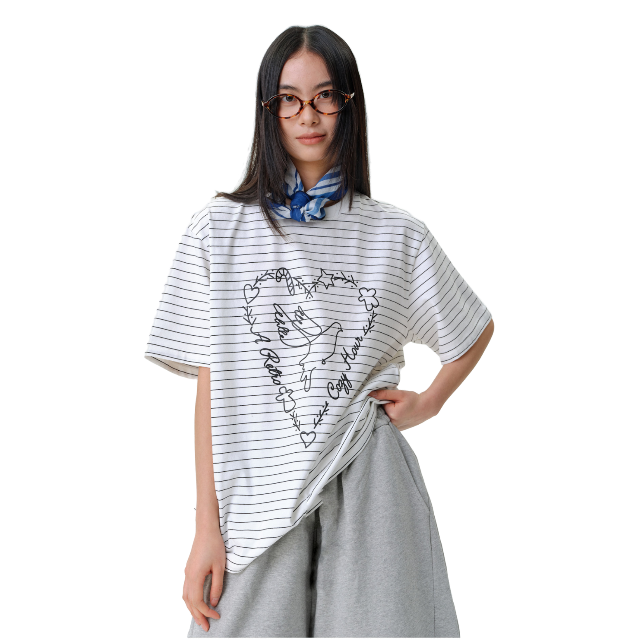 Striped Heart and Dove T-shirt in White