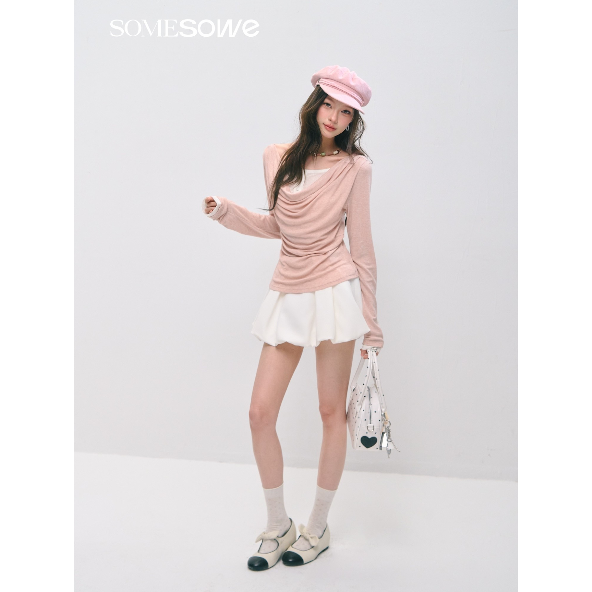 假两件荡领收腰长袖T恤  粉色