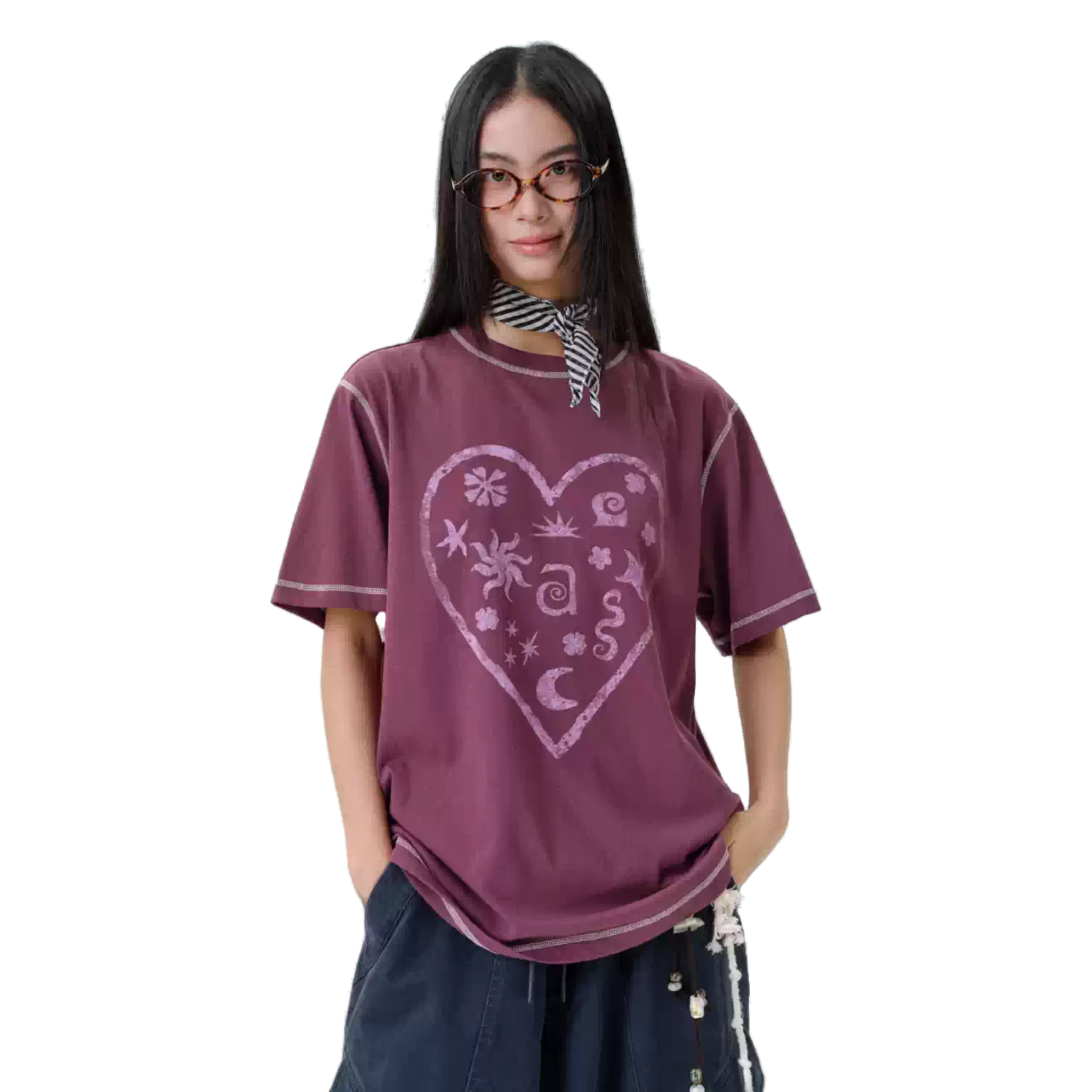 Heart Snowflake Cotton Short-Sleeve T-Shirt in Purple
