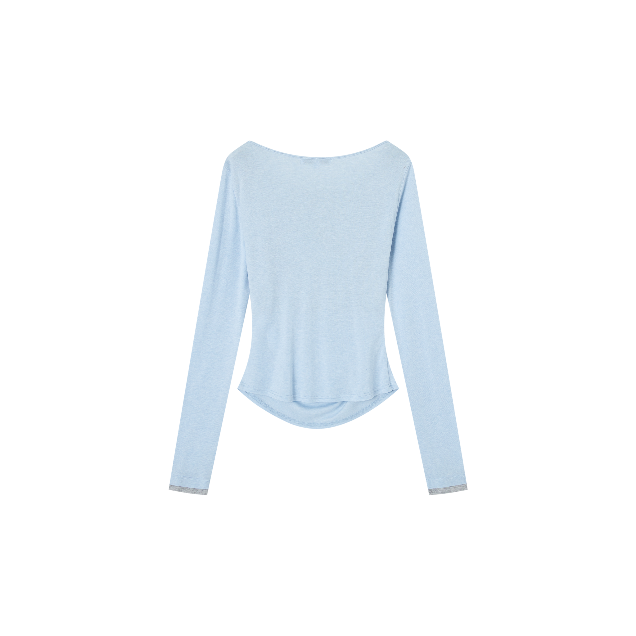 假两件荡领收腰长袖T恤  浅蓝色