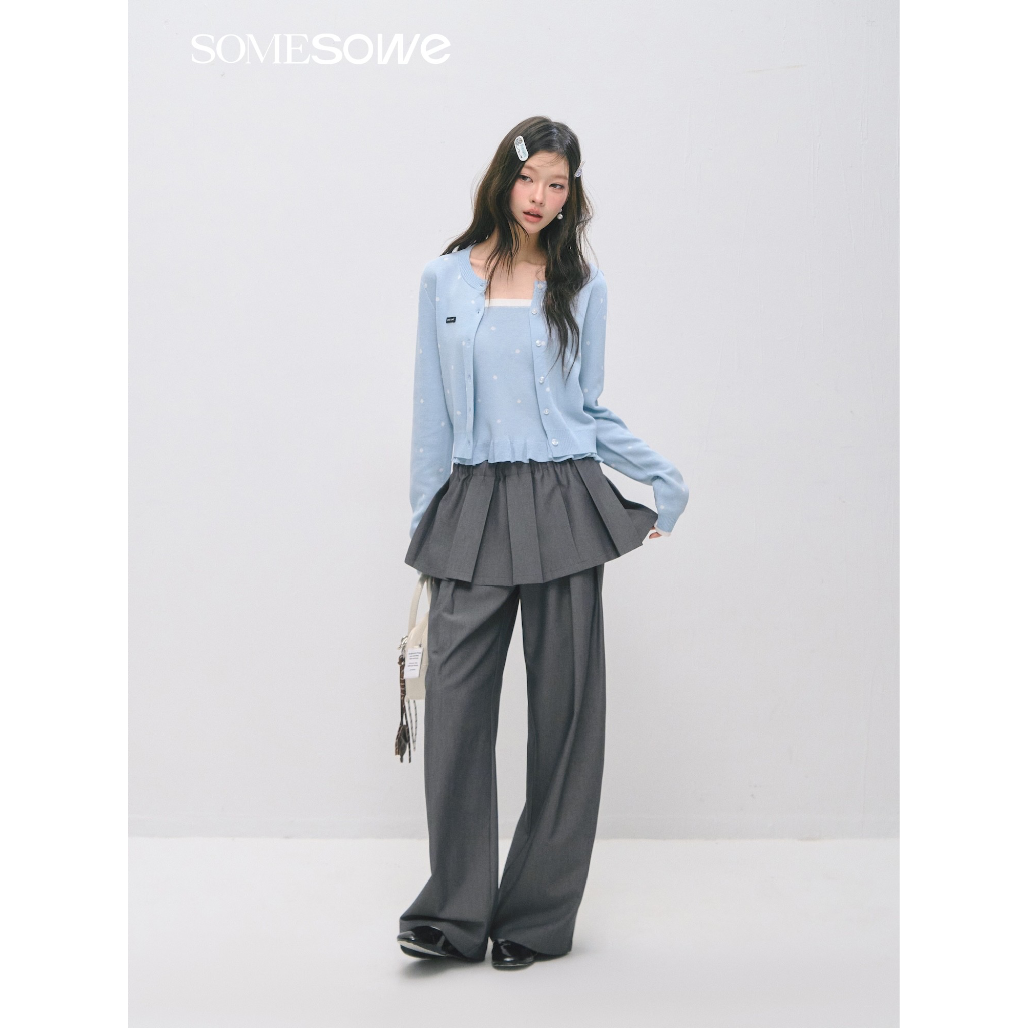 荷叶边抹胸开衫套装 蓝色