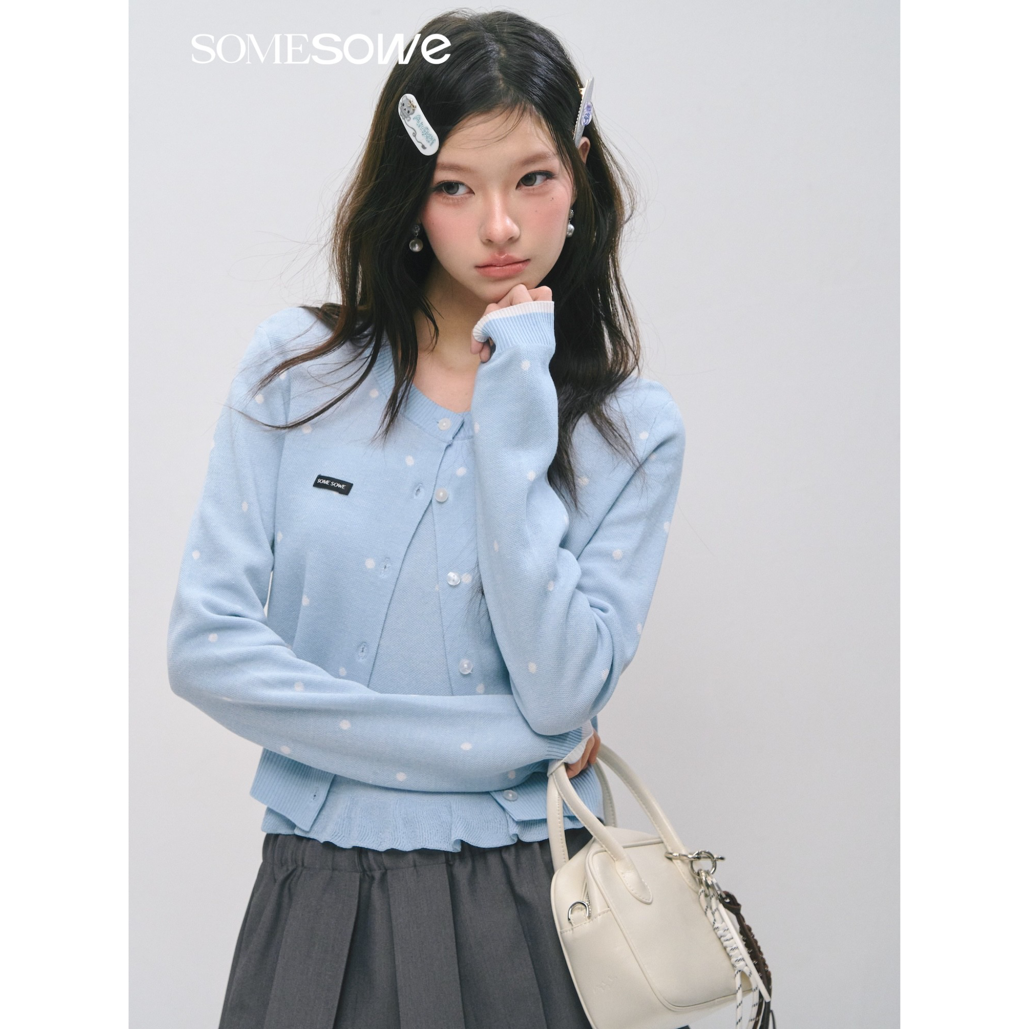 荷叶边抹胸开衫套装 蓝色