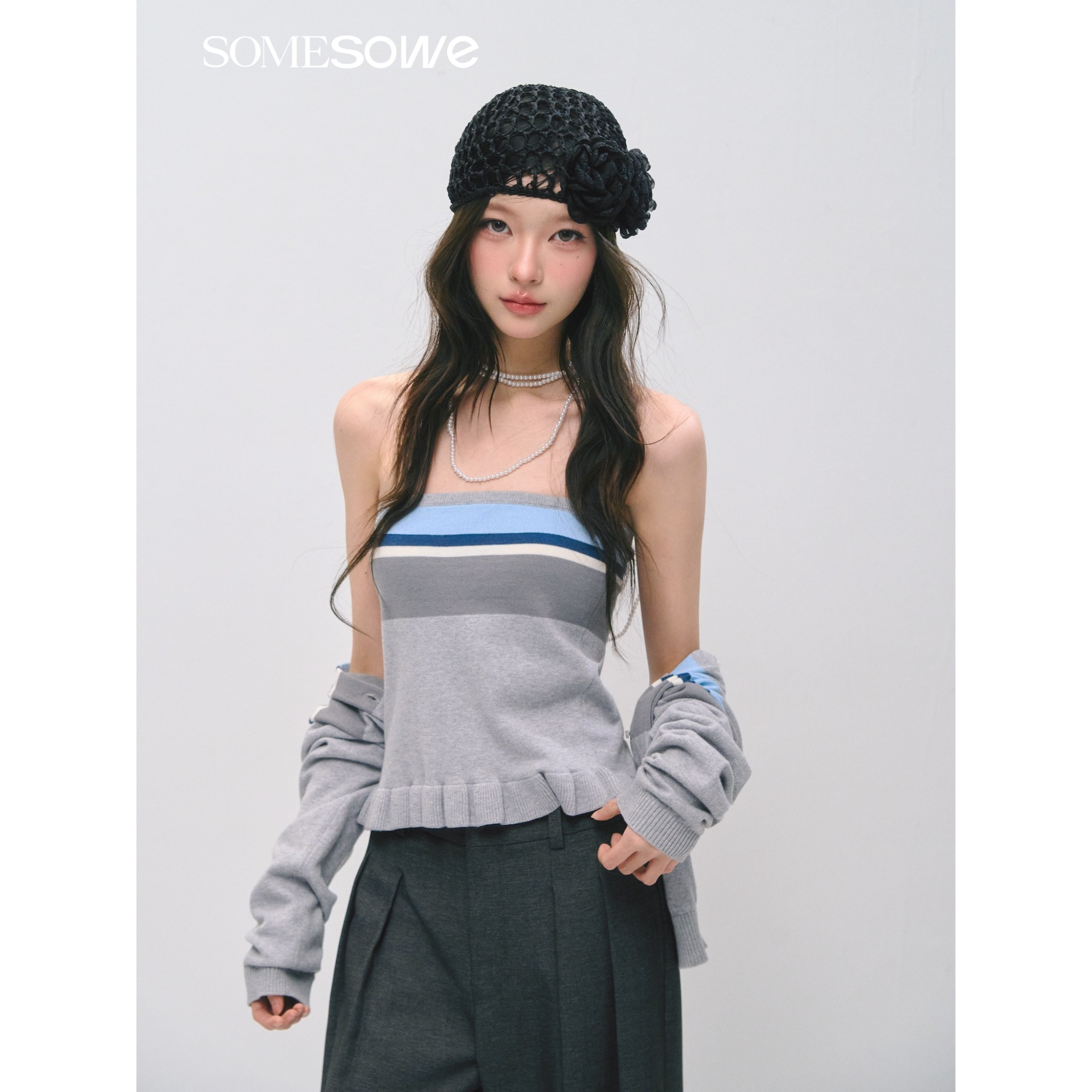 荷叶边抹胸开衫套装 灰色