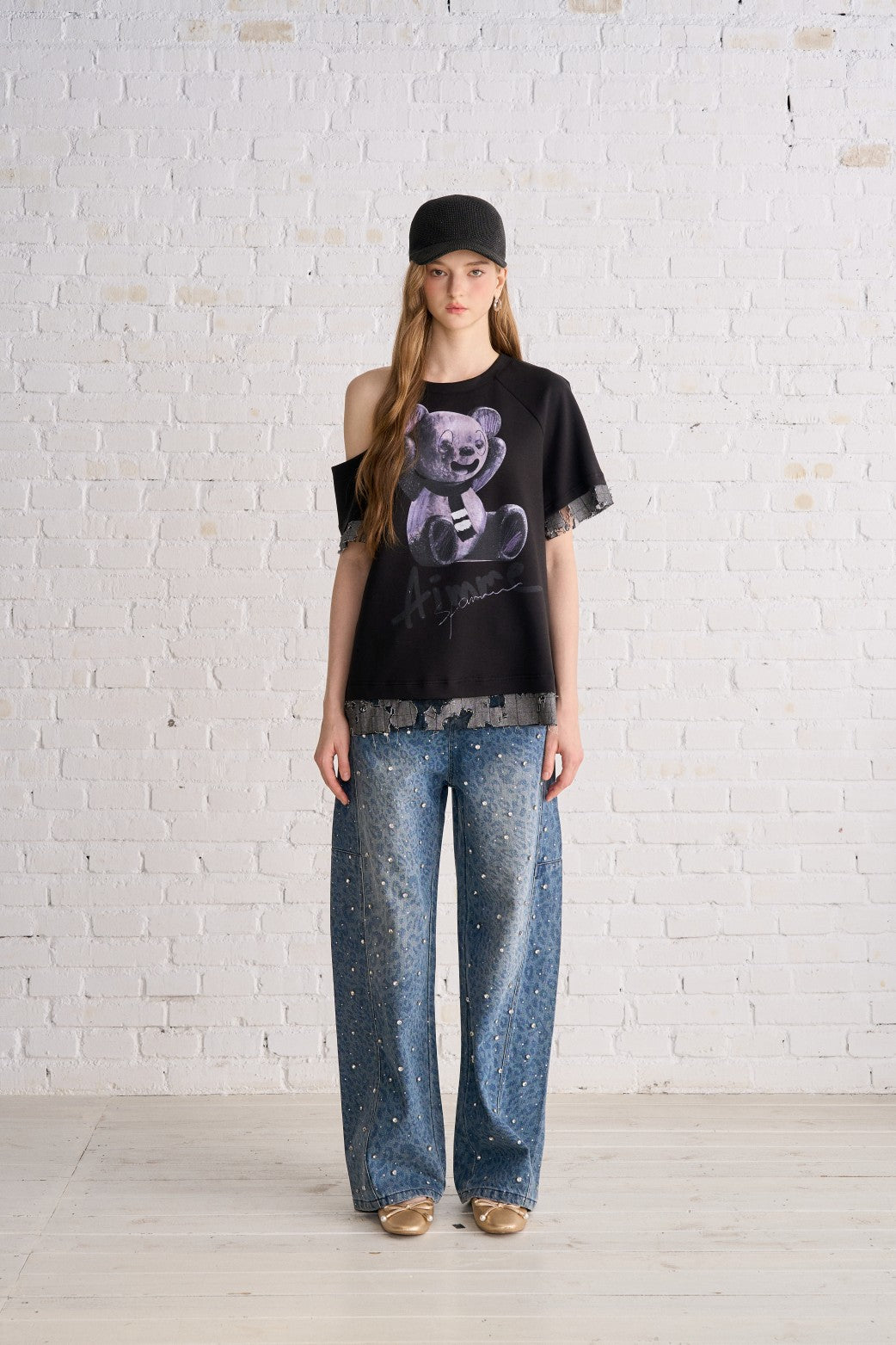 豹纹烫钻牛仔裤蓝色