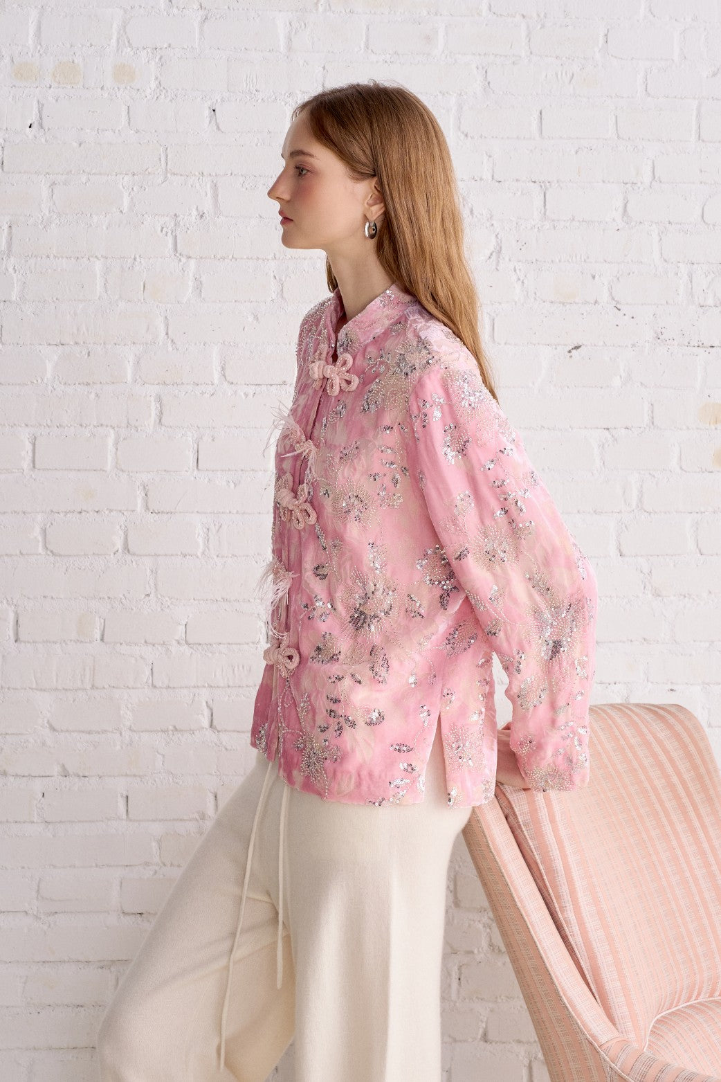 新中式亮片刺绣外套粉色