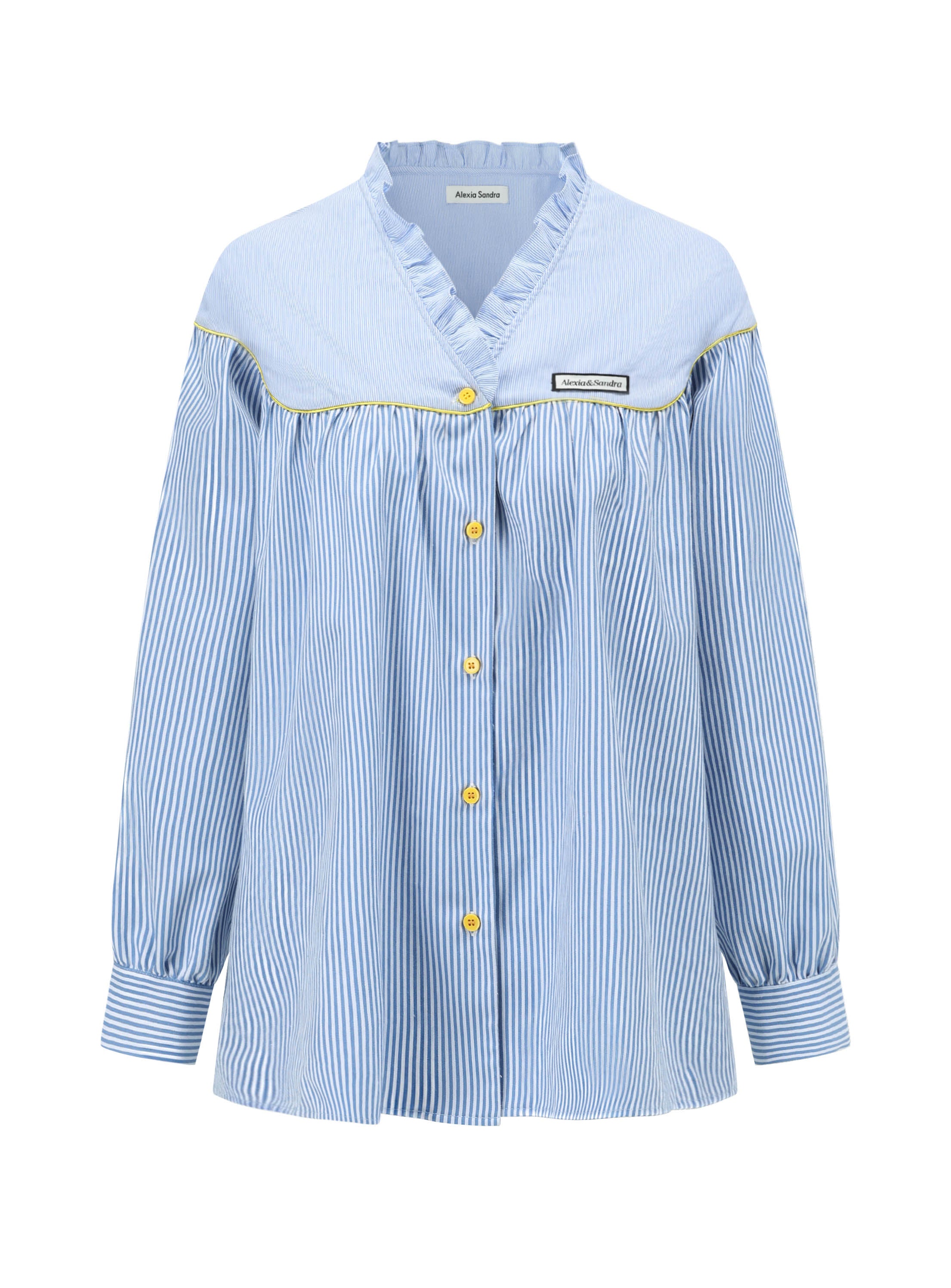 Ruffled V-Neck Stripe Blouse in Blue