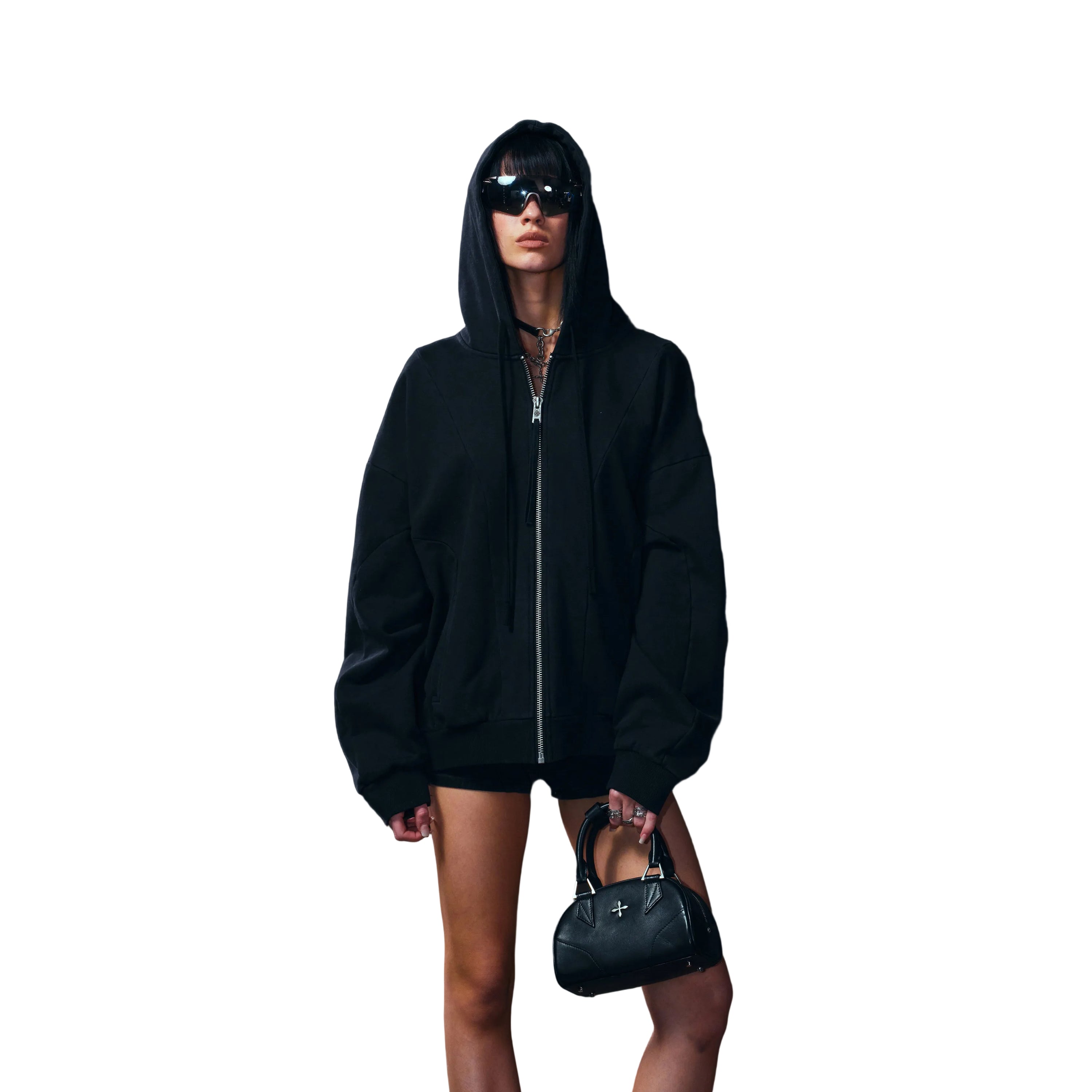 Vintage Muse Loose Zipper Sports Hoodie In Vanish Black