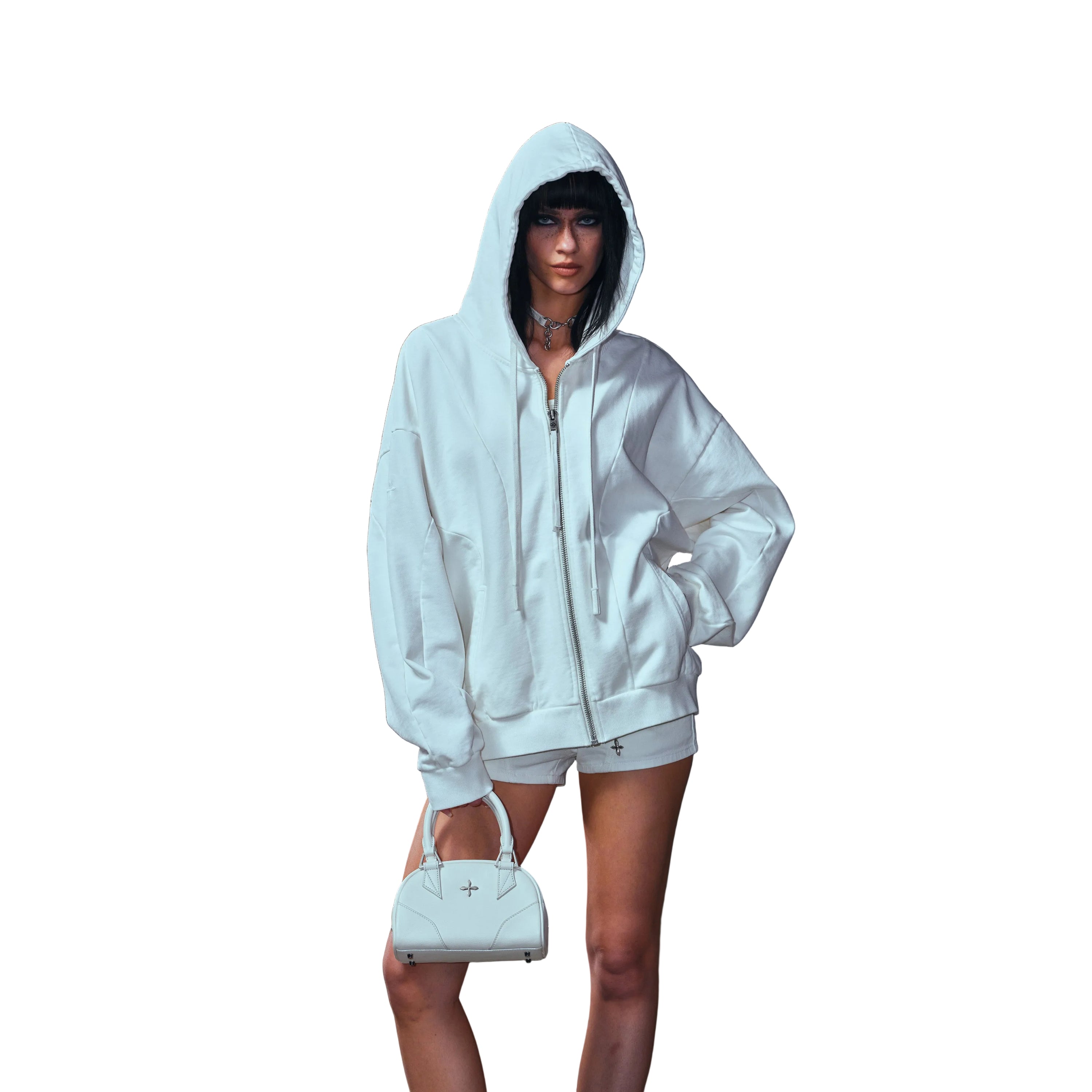 Vintage Muse Loose Zipper Sports Hoodie In Cloud White