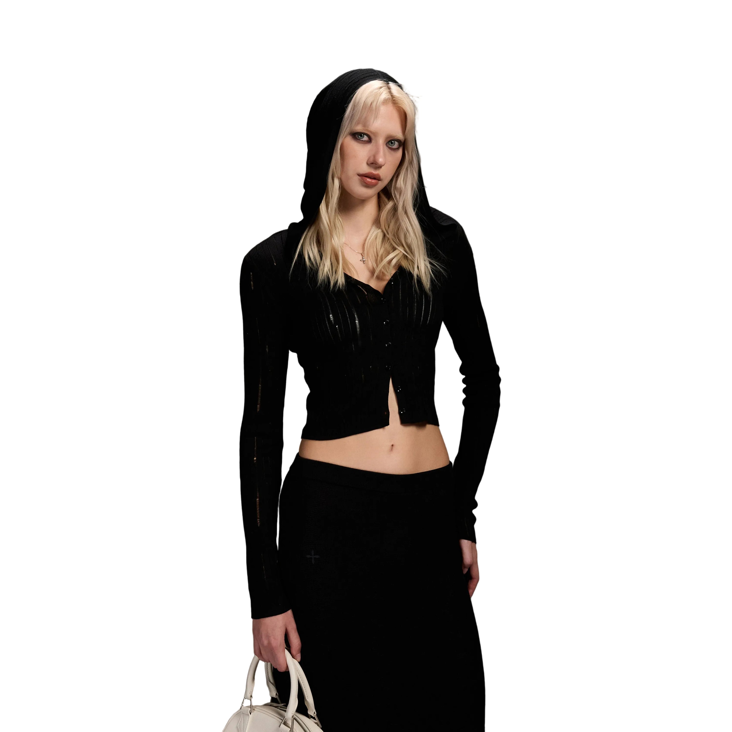 Black Knitted Hooded Cardigan