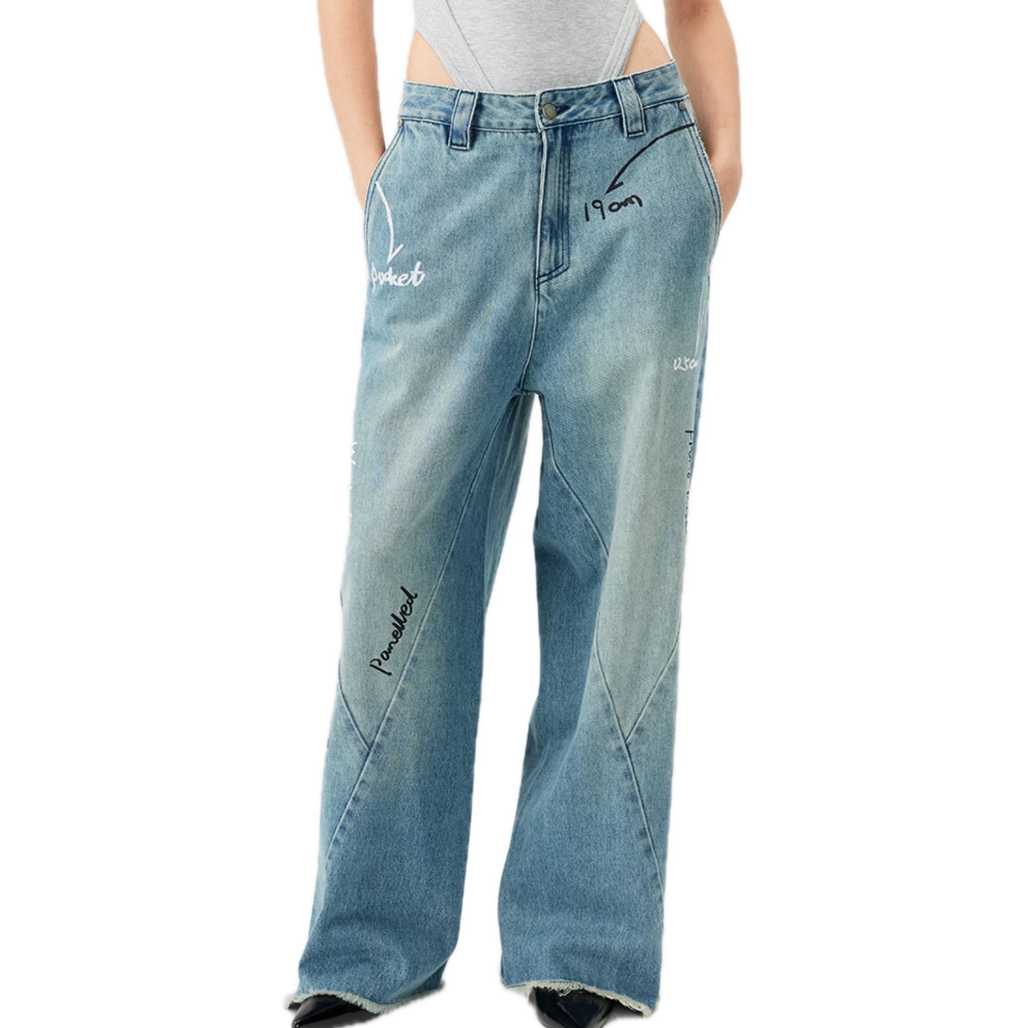 Deconstruct Split Graffiti Denim Jeans In Blue