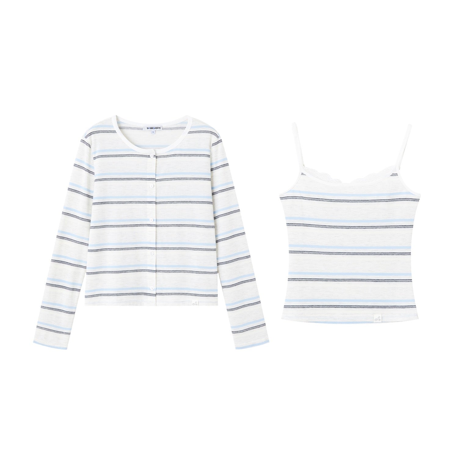 베이지와 그레이 스트라이프 패턴의 편안한 핏 스트라이프 가디건 투피스 세트