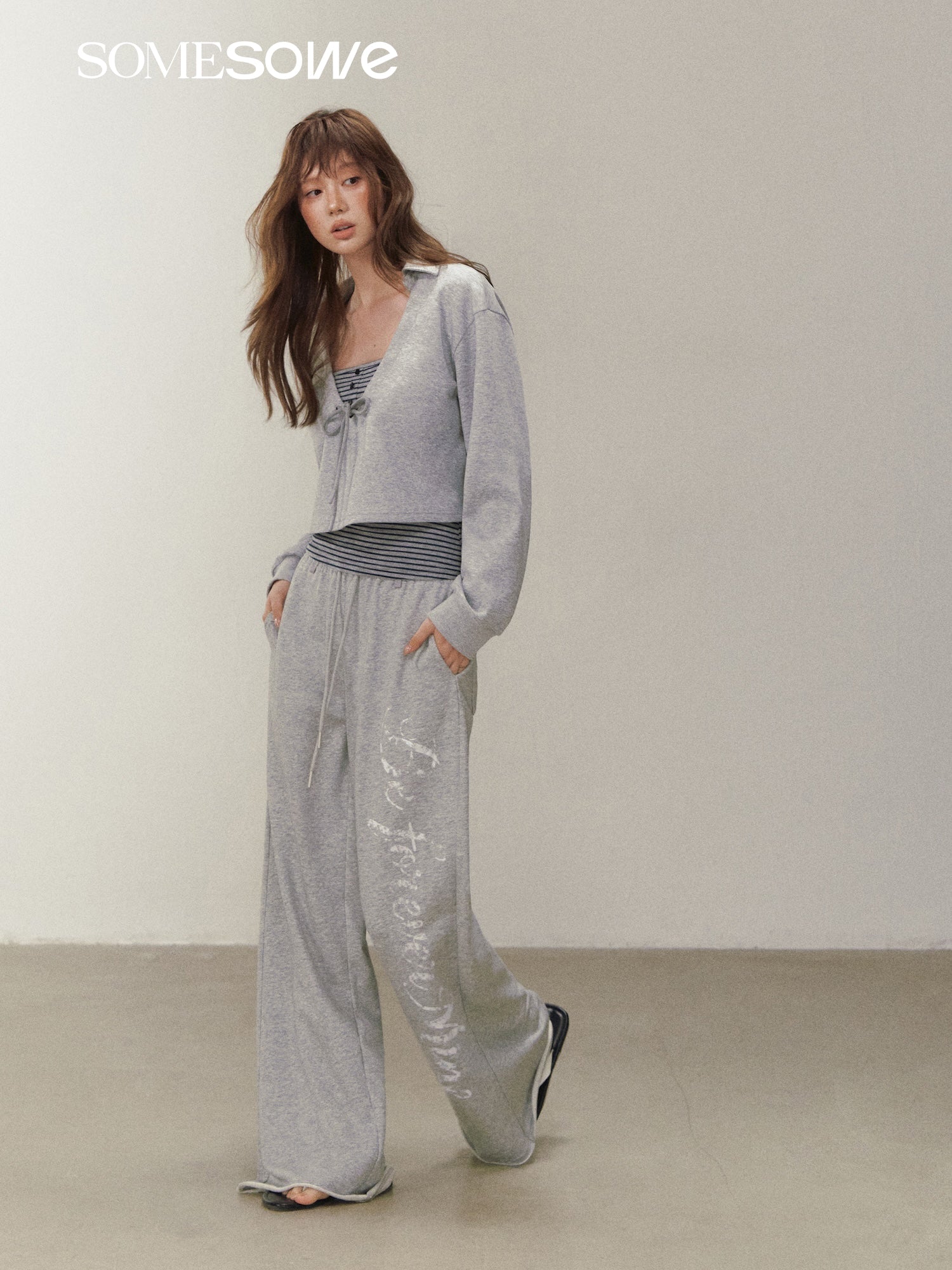 Letter Print Casual Wide-Leg Pants in Gray