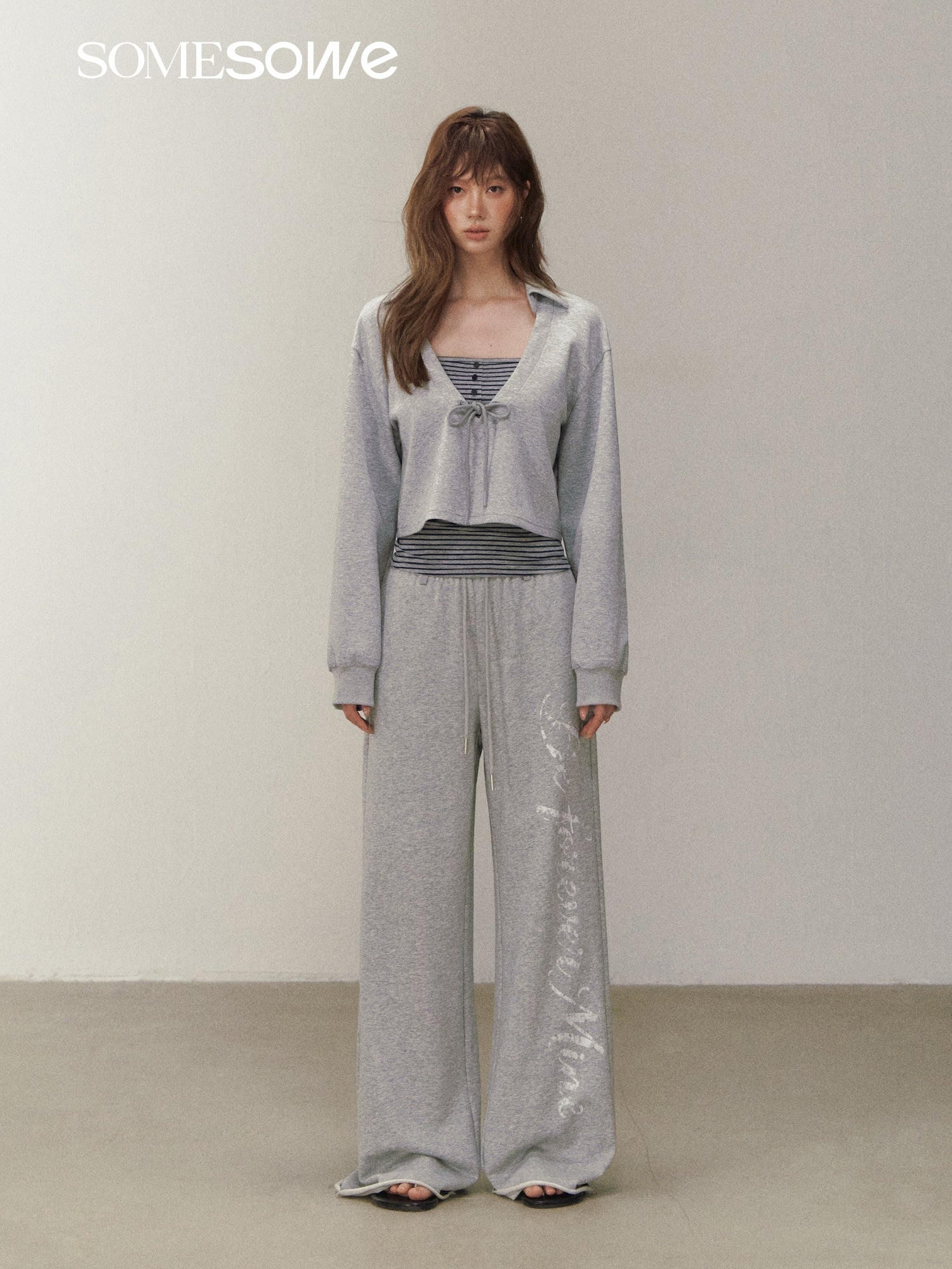 Letter Print Casual Wide-Leg Pants in Gray