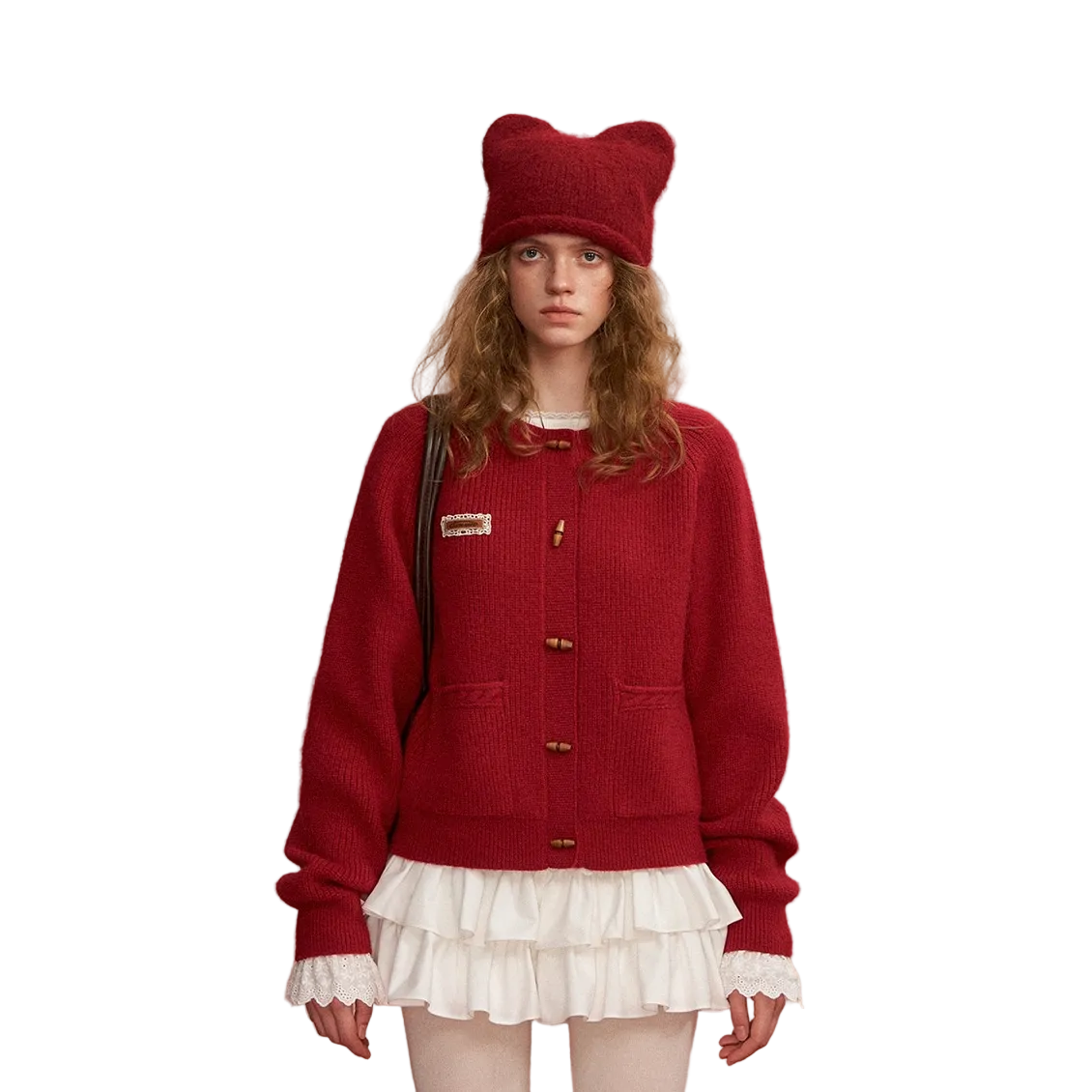 复古牛角扣圆领毛衣开衫红色