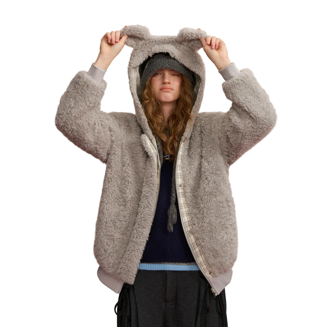 羊羔毛两面穿连帽外套灰色