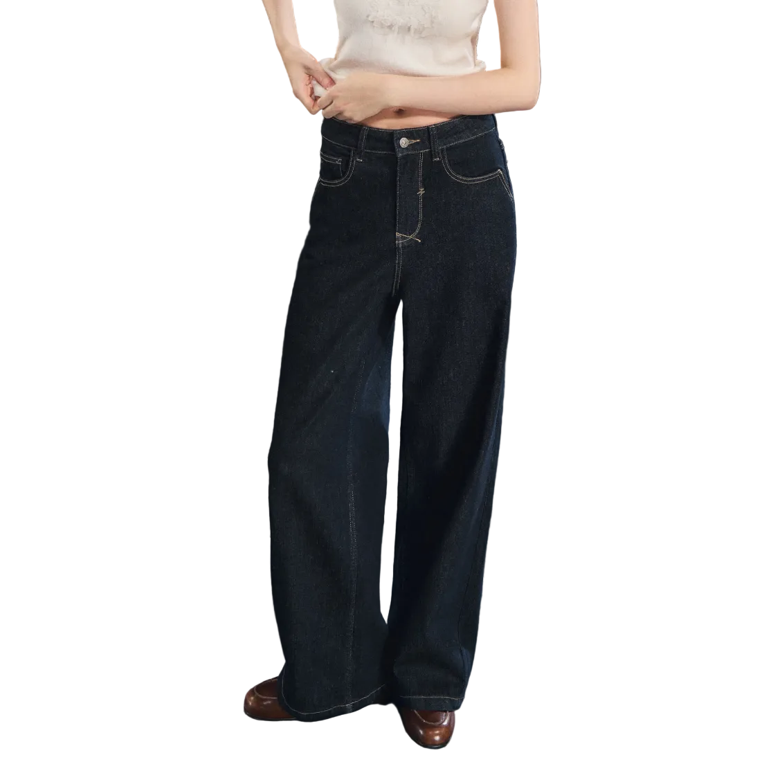 Stretch Straight Leg Raw Fleece Jeans In Dark Blue