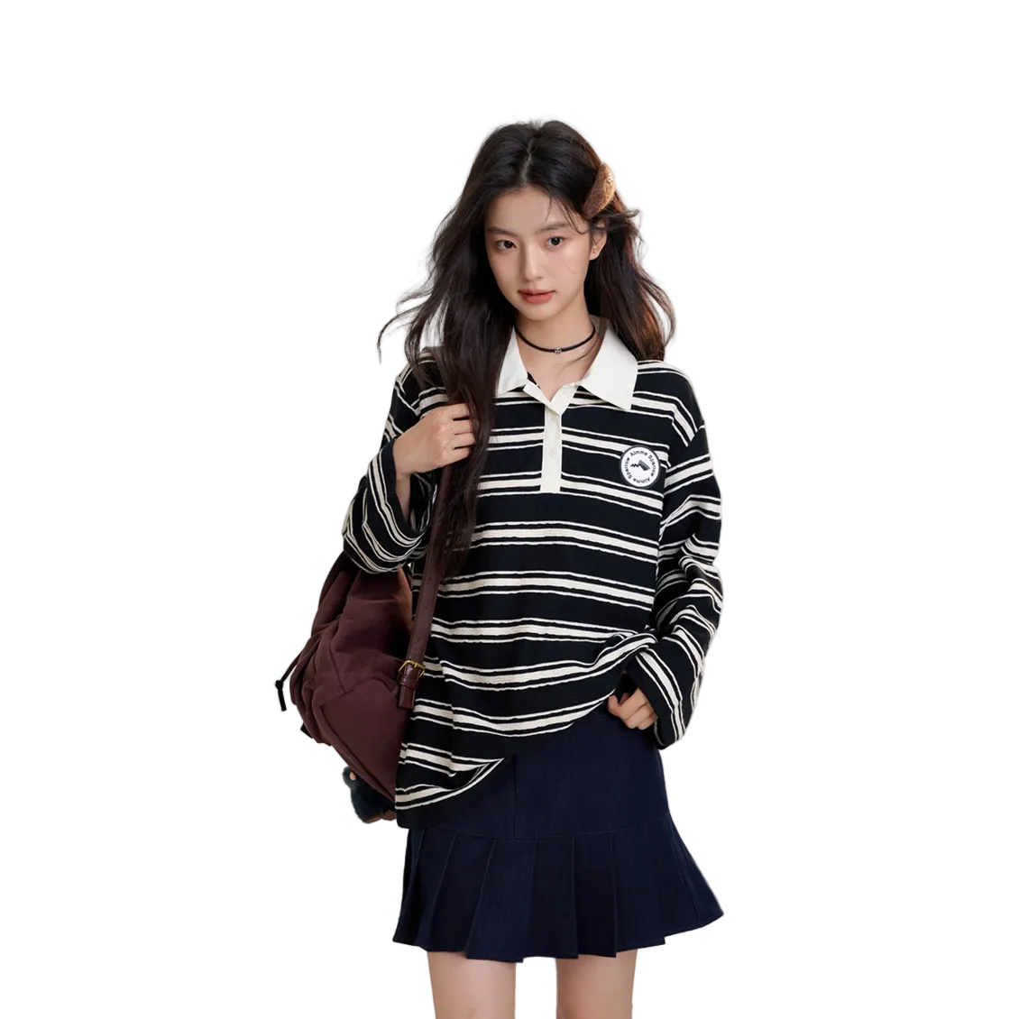 条纹polo领长袖黑白色