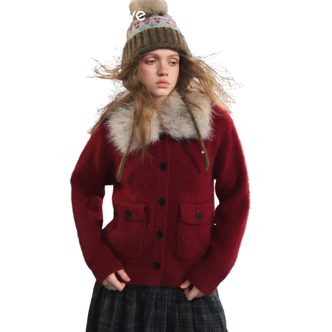 可拆卸毛领坑条开衫红色