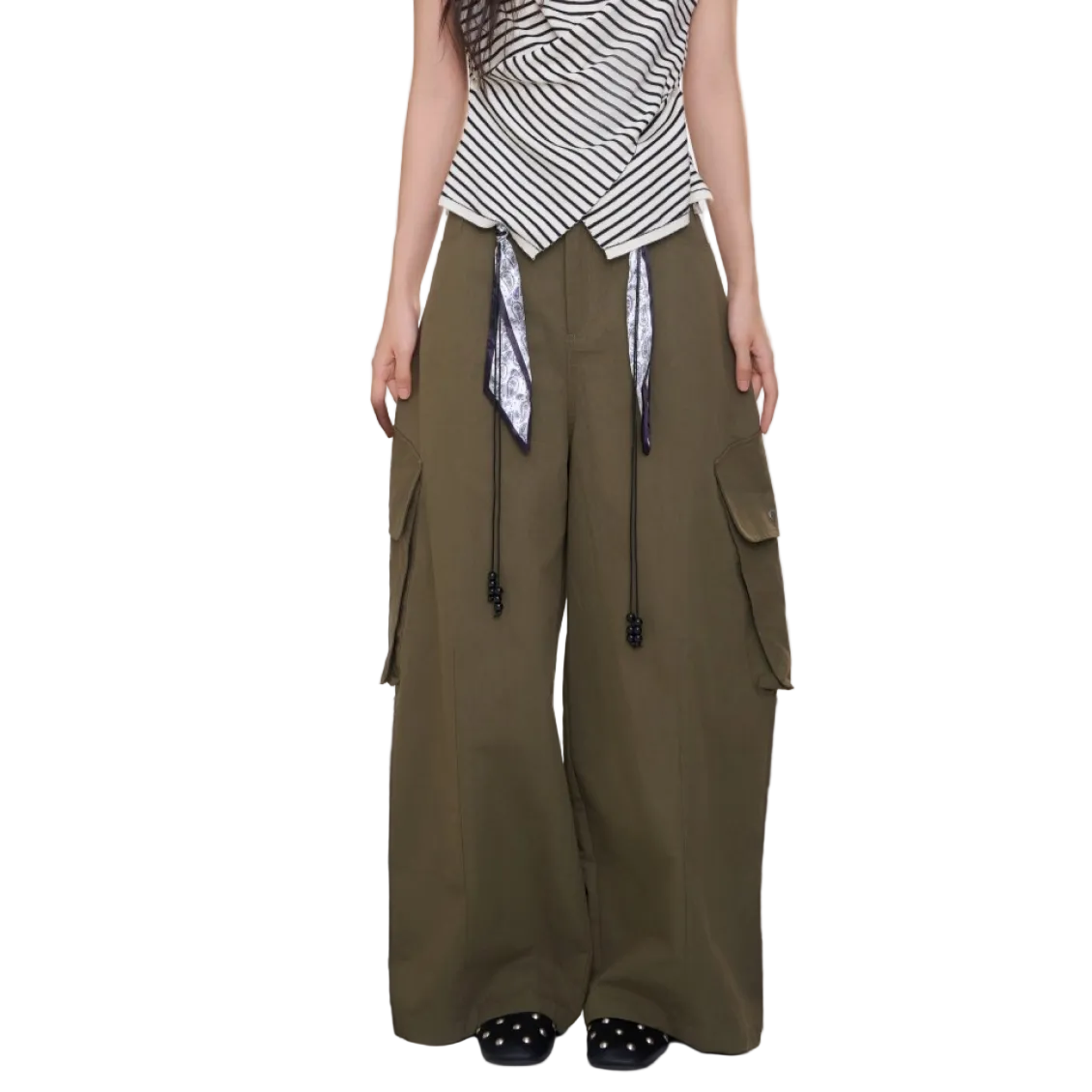 Drawstring Pocket Cargo Pants In Army Green