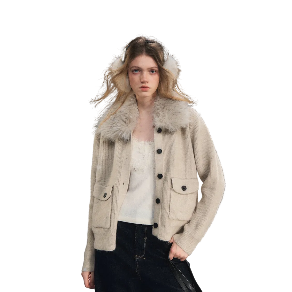 可拆卸毛领坑条开衫燕麦色