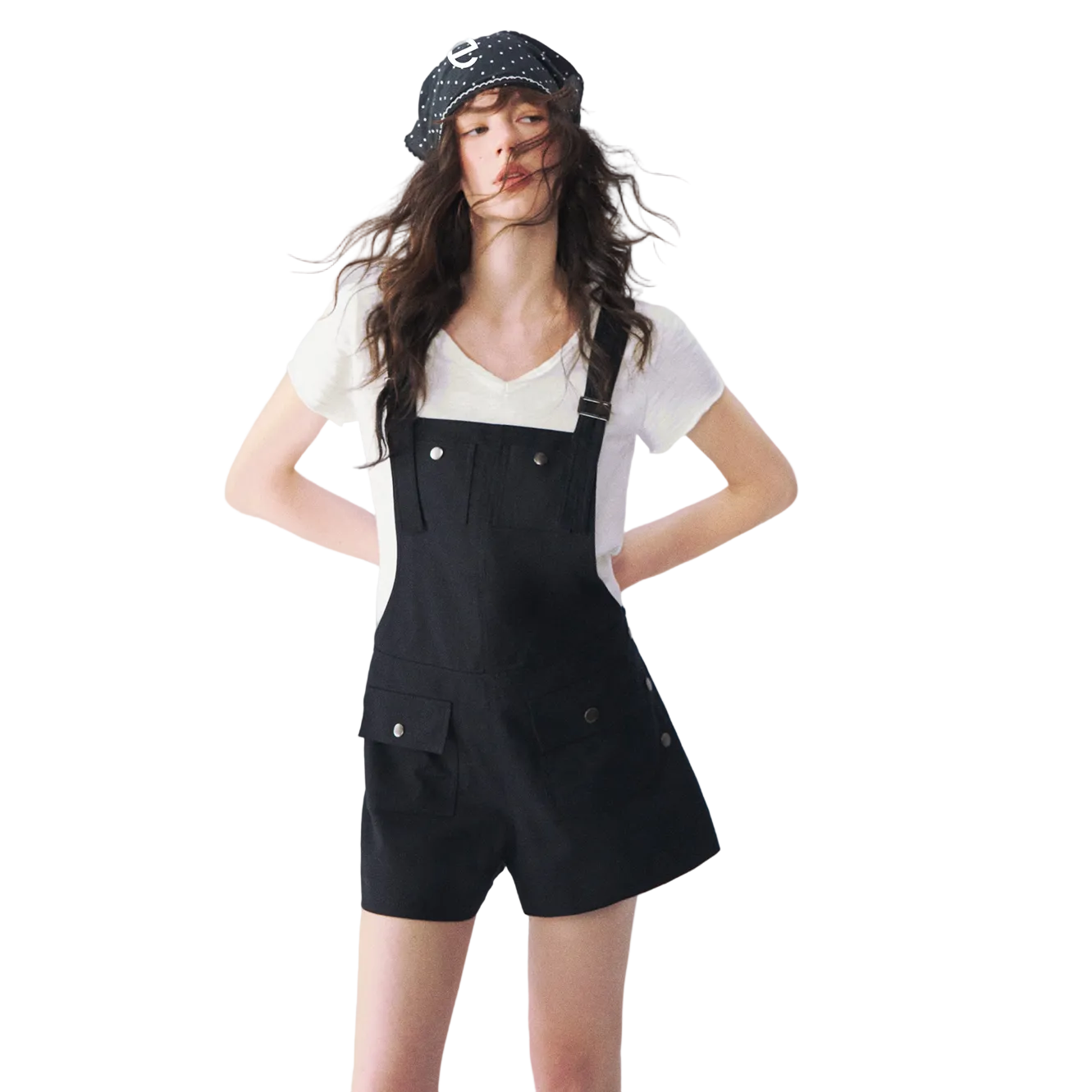 亚麻工装背带短裤黑色