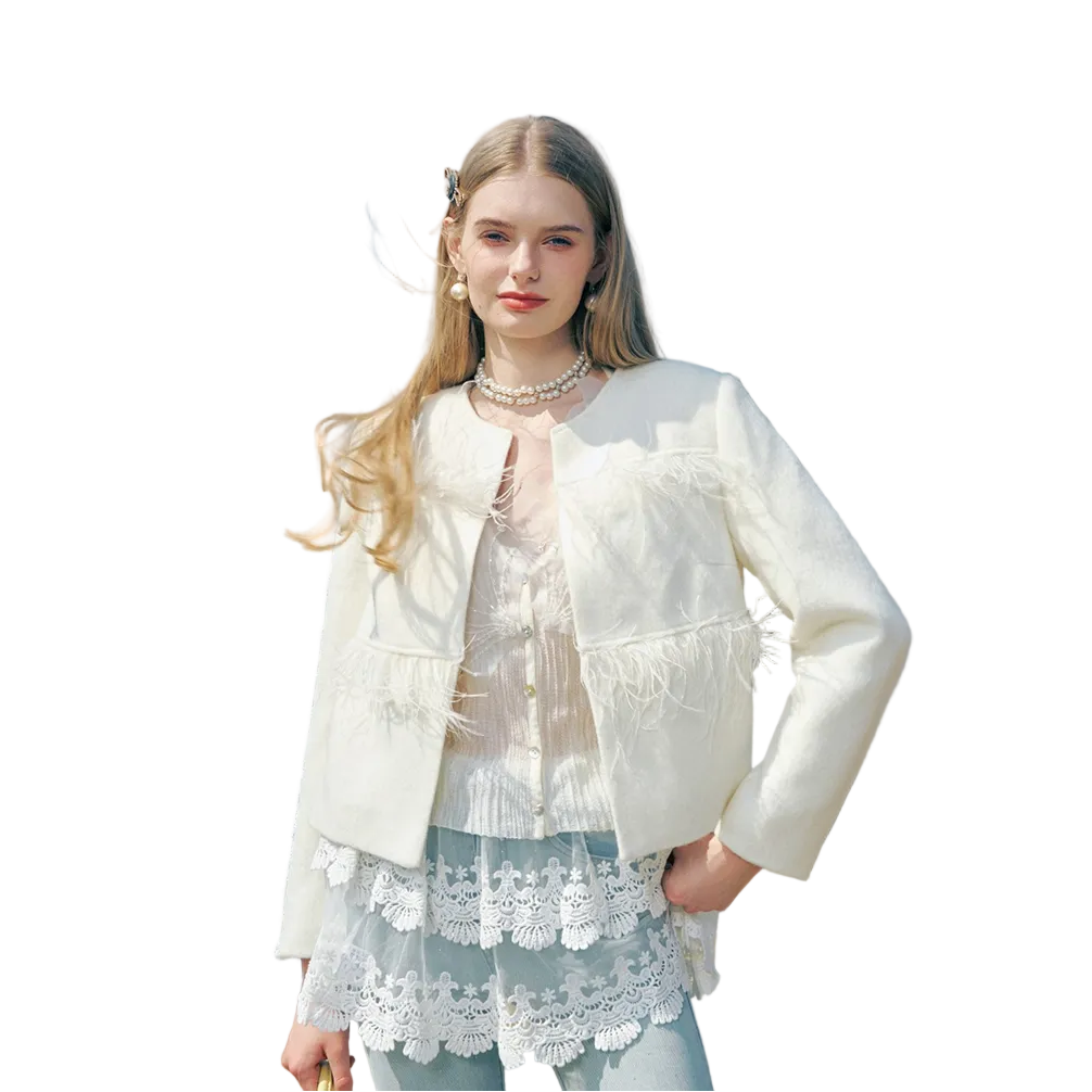 Diamond Collar Feather Chanel-Style Jacket In White