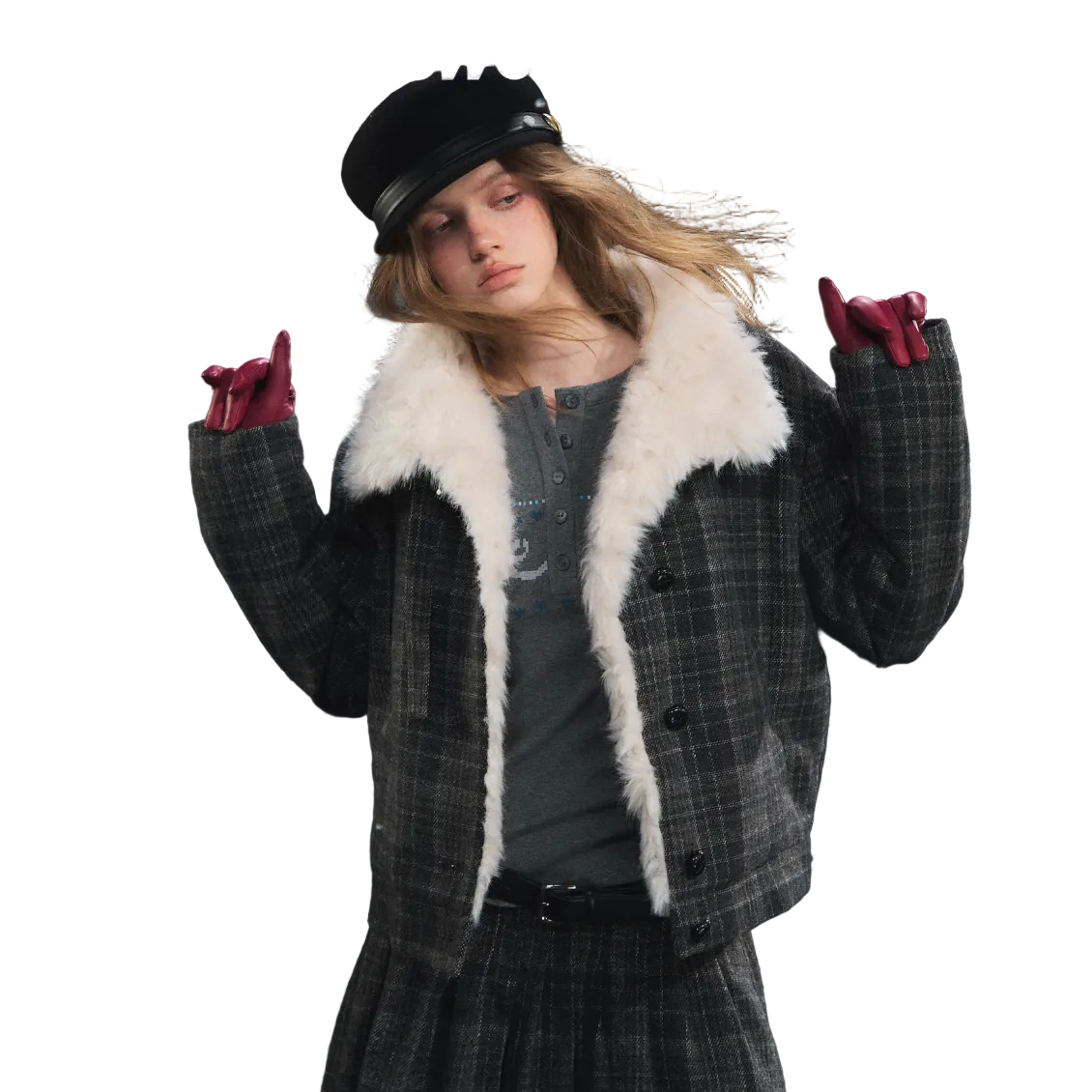 复古格纹毛领夹棉外套灰色