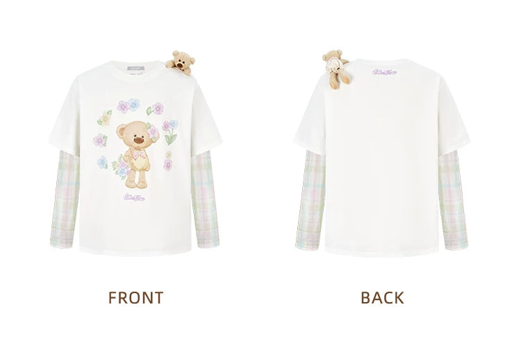 ホワイトの花柄フェイクツーピース長袖Tシャツ