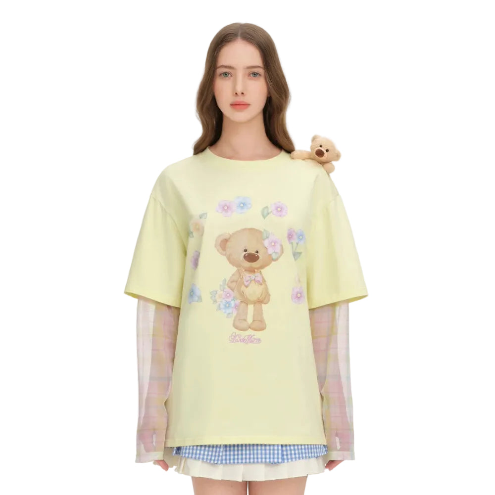 黄色の花柄フェイクデニムの長袖Tシャツ