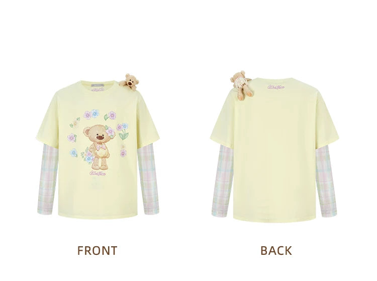 黄色の花柄フェイクデニムの長袖Tシャツ
