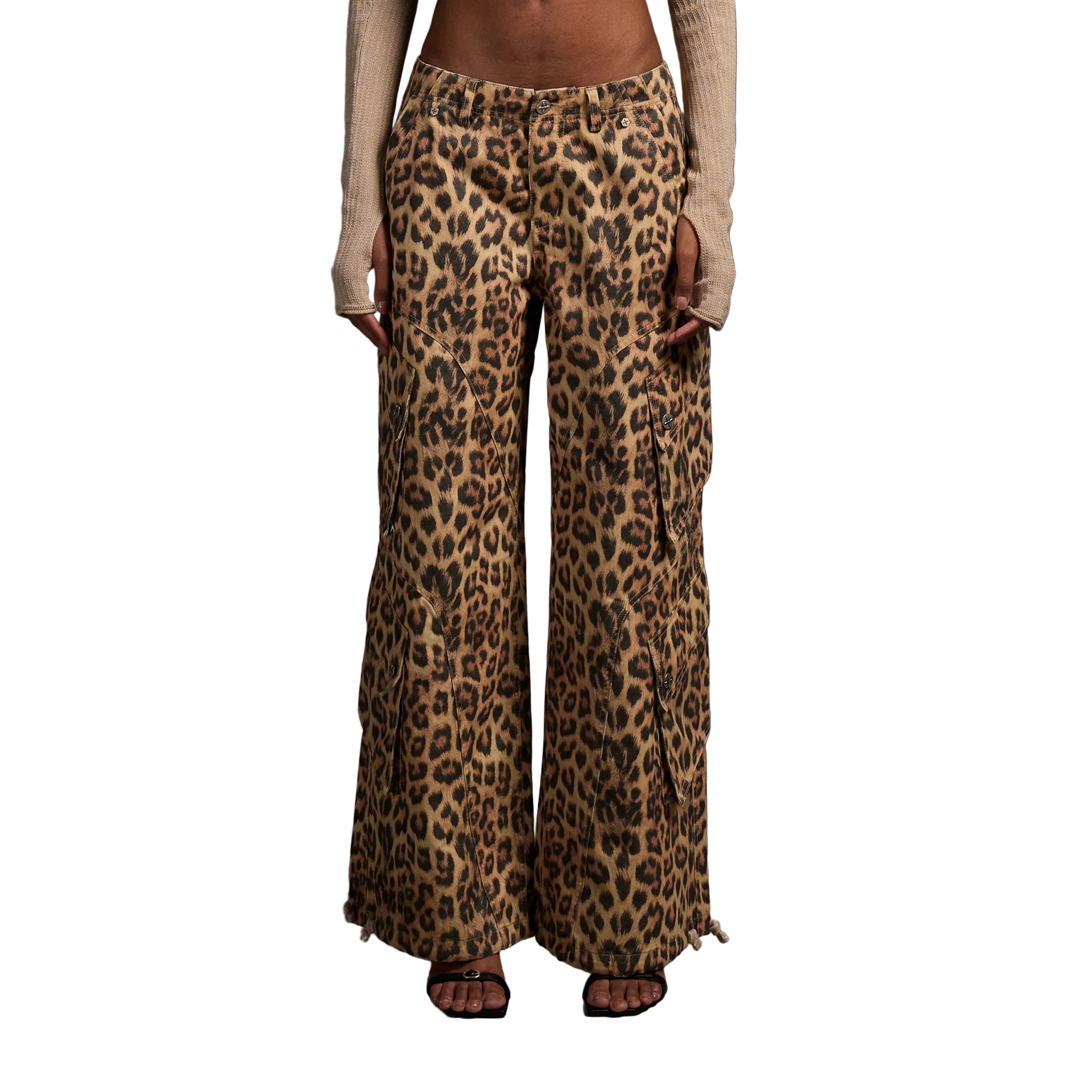 Retro Wide-Leg Cargo Pants in Leopard Print